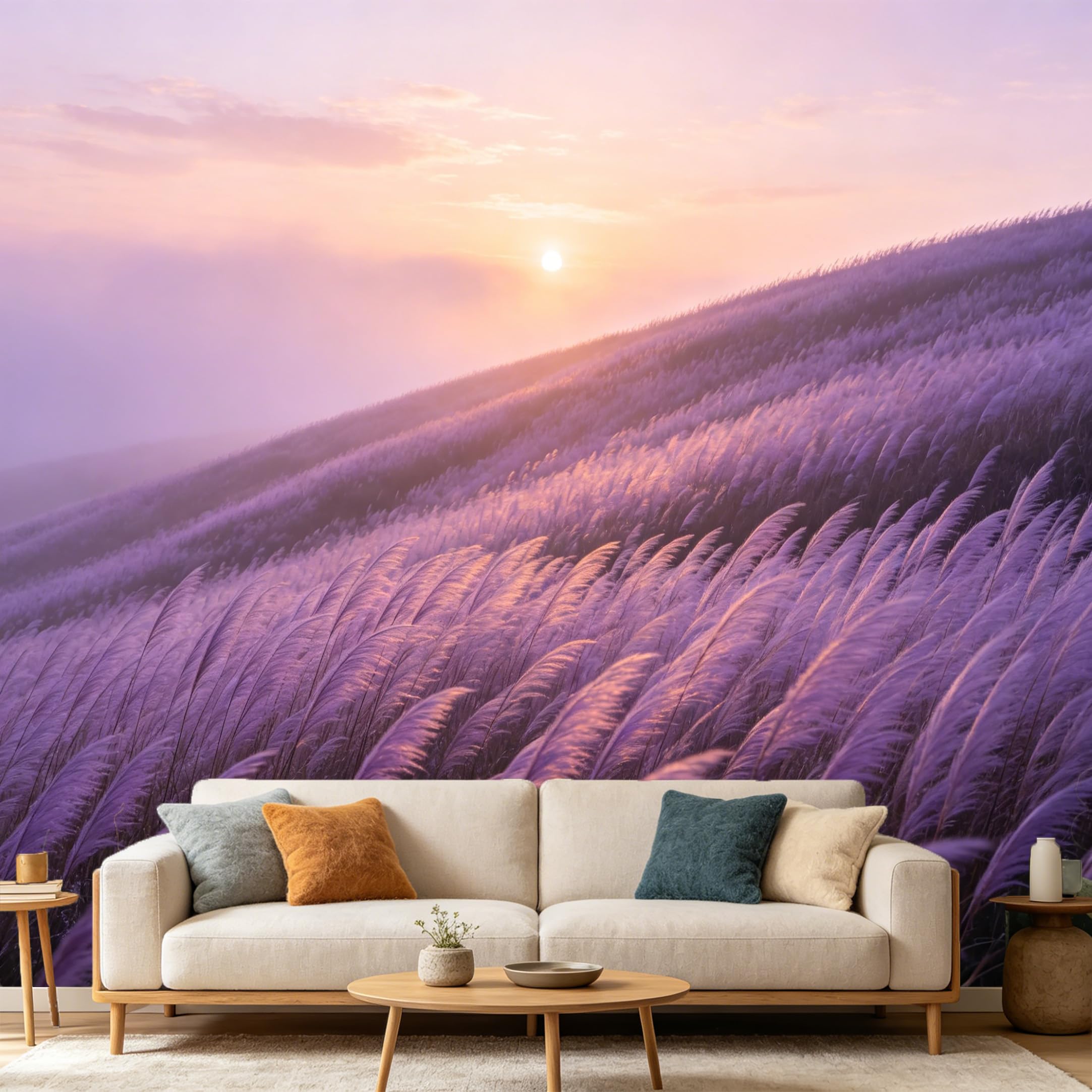 Custom Size Wall Mural Sunset Pink Reeds Meadow Landscape Botanical Nature Scenery SelfAdhesive Art Prints wall Fabric（No PVC） Removable Wallpaper Home Bedroom Decor