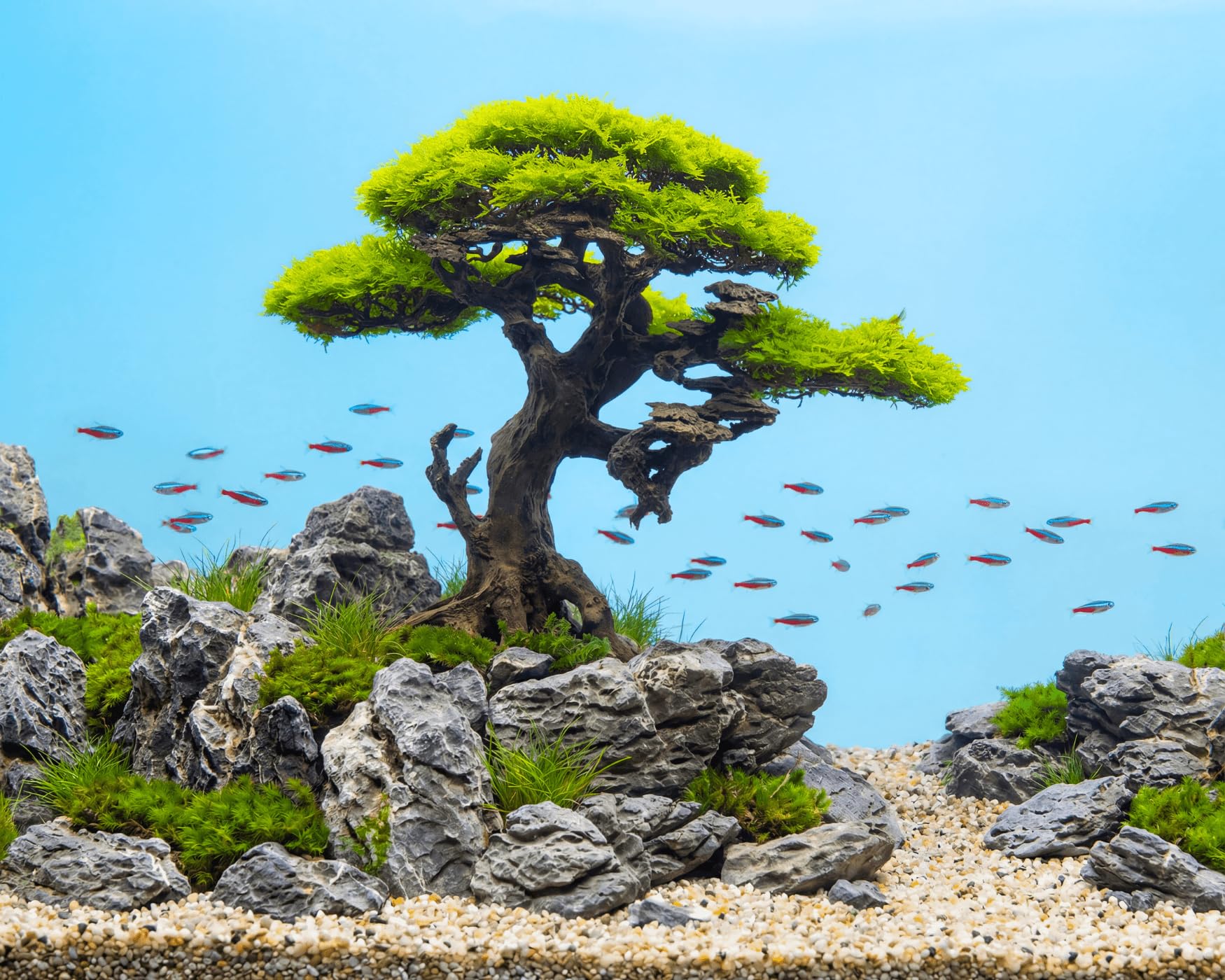 NatureHolic Christmas Moos Bonsai Baum Koboku XXL Stone Bonsai bepflanzt - Aquarium Deko mit Vesicularia montagnei - Polyresin 100% inert - sofort einsatzbereit - ca. 26 x 30 x 14 cm