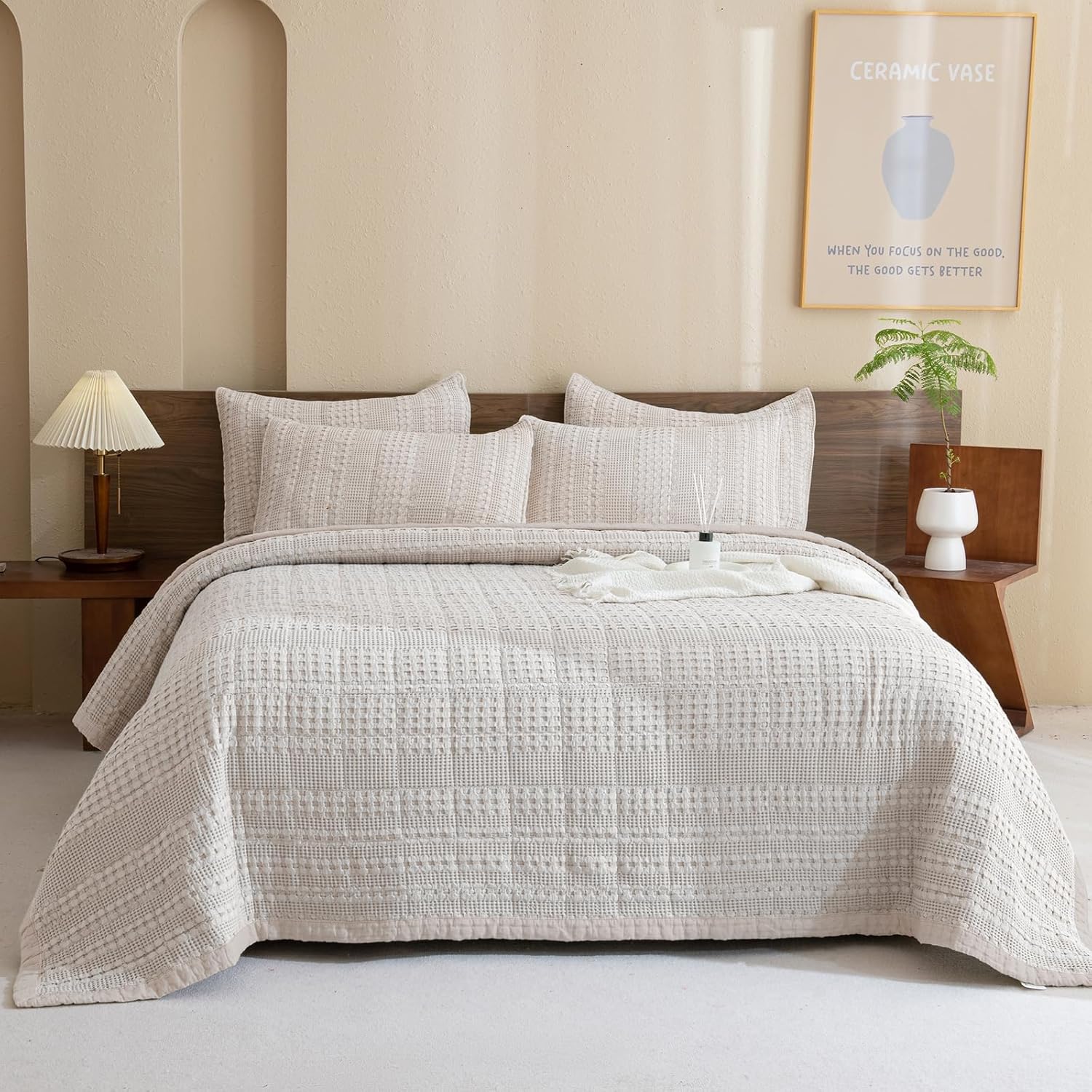 Sanracie Oversized King Quilt (120"x120"), Cotton Oatmeal Colored Waffle Weave Quilted Bedding Set Super Large Soft Bedspread 3Pcs Luxury Aesthetic Coverlet Set for All Season - Image 8