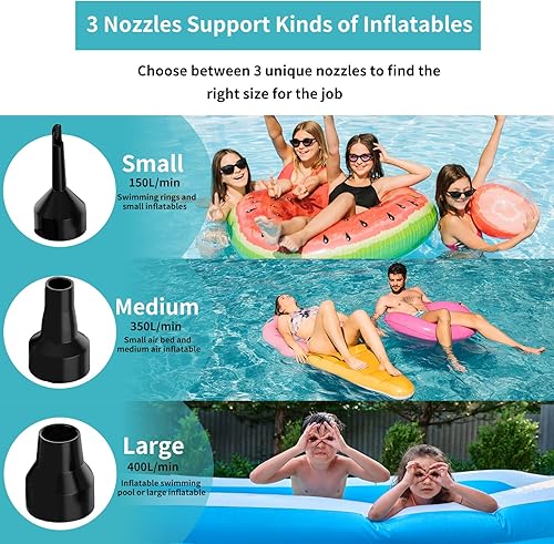 Miniatura 2 de Bomba de aire para inflables, bomba de colchón de aire eléctrica con 3 boquillas, inflador portátil de llenado rápido para barco inflable, camas de