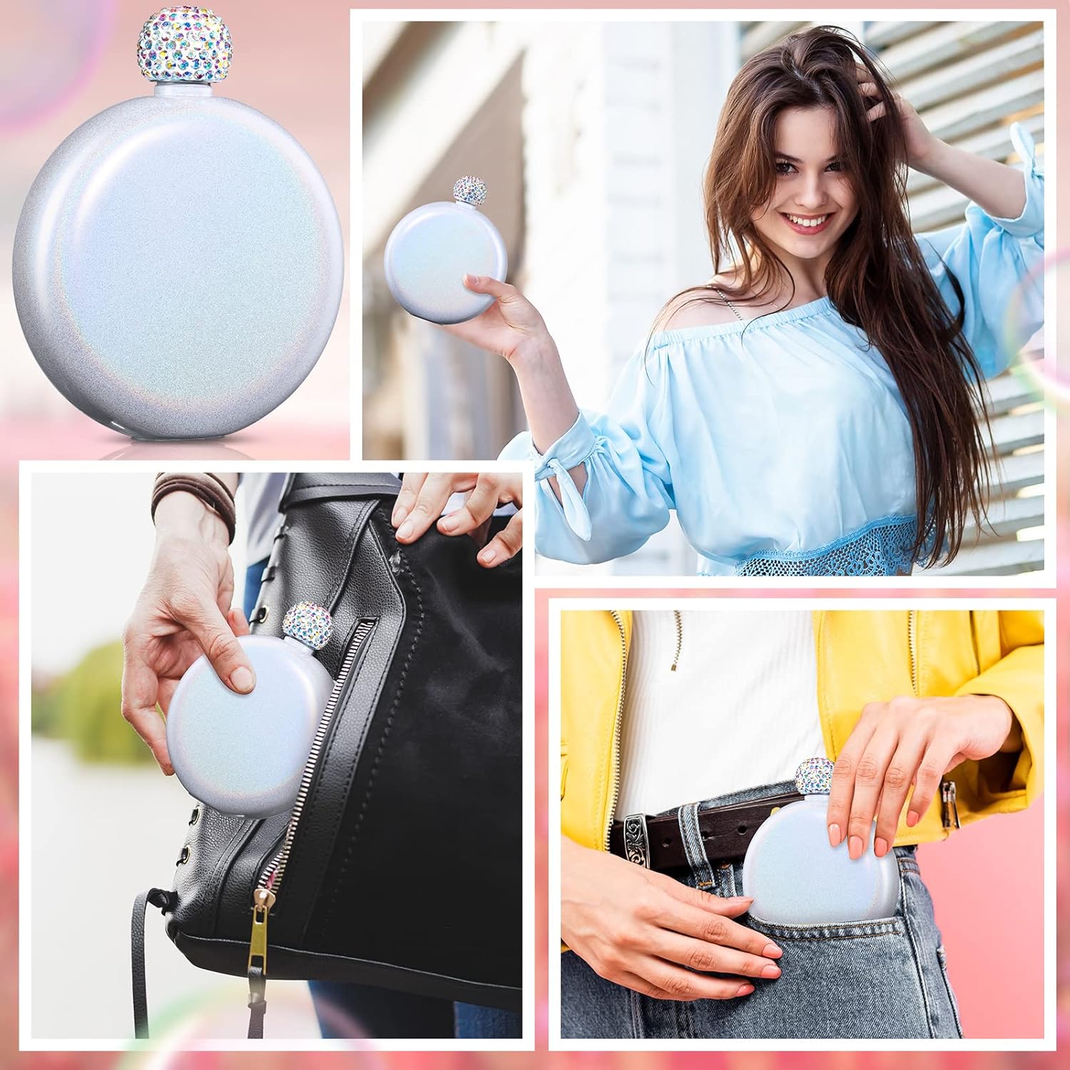 4 Pcs Cute Liquor Flask for Women 5 oz 304 Stainless Steel Portable Glitter Flask for Whiskey Liquor Wine with Shining Rhinestone Cap and 4 Funnels for Drink Bar(White) - Image 5