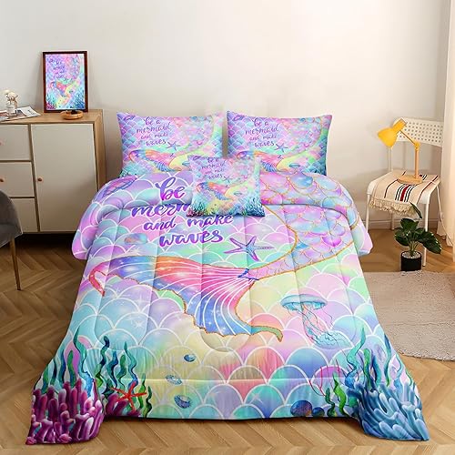 ROWADALO MRY502 - Juego de edredón de 5 piezas con purpurina y escamas de sirena para niñas, diseño de escamas de pez y estrella de mar, color