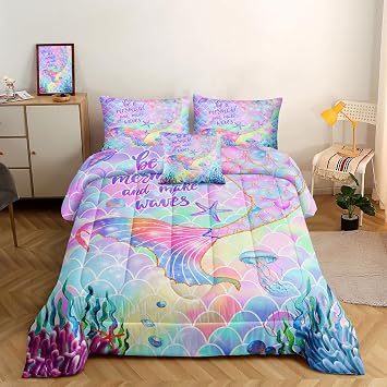 ROWADALO 6 Pieces Mermaid Scale Glitter Comforter Set Fish Scale Shell Starfish Girls Bedding Set,Gradient Rainbow Mermaid Tail Bed in A Bag Full Size Complete Set for Girls Bedroom,MRY502-Full