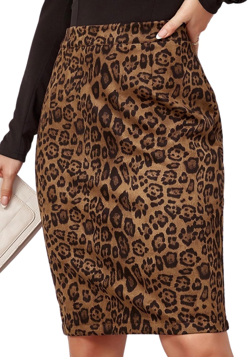 Ezcosplay Women Faux Suede Leopard Pencil Skirt Knee Length High Waisted Cheetah Print Bodycon Midi Skirts - Image 2