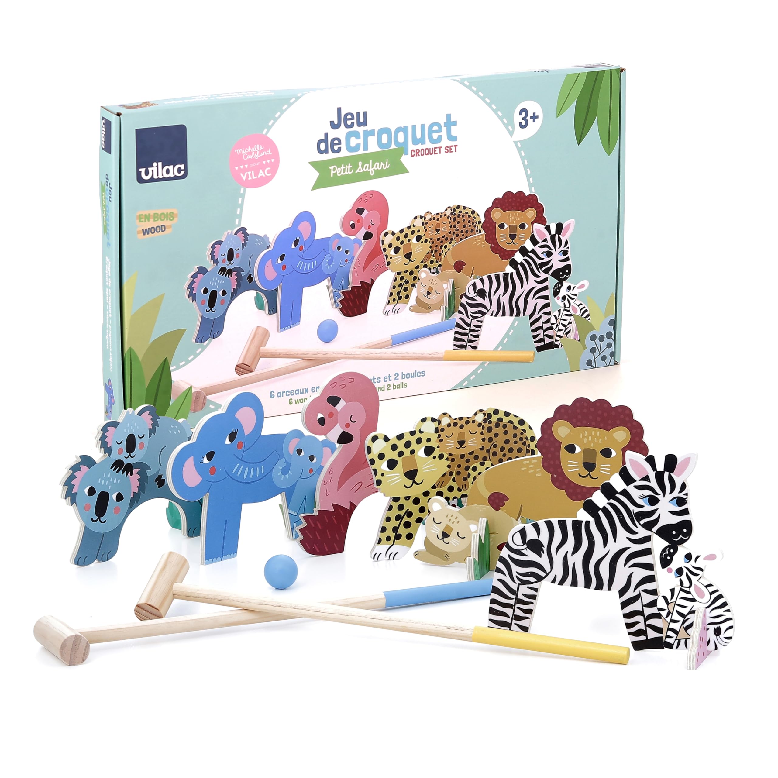 Vilac - Croquet Game, Michelle Carlslund Small Safari, Outdoor Toy, 6 Animal Hoops, 6 Coloured Wedges, Wooden Games, Age 3+, Kids Activities