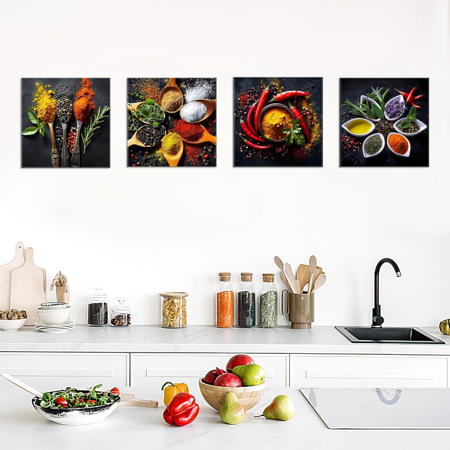 Deveosa Kitchen Wall Art Decor - 4 Pieces Colorful Spices And Spoon Kitchen Artwork Frames Food Wall Art Pictures Canvas Dining Room Modern Decorations