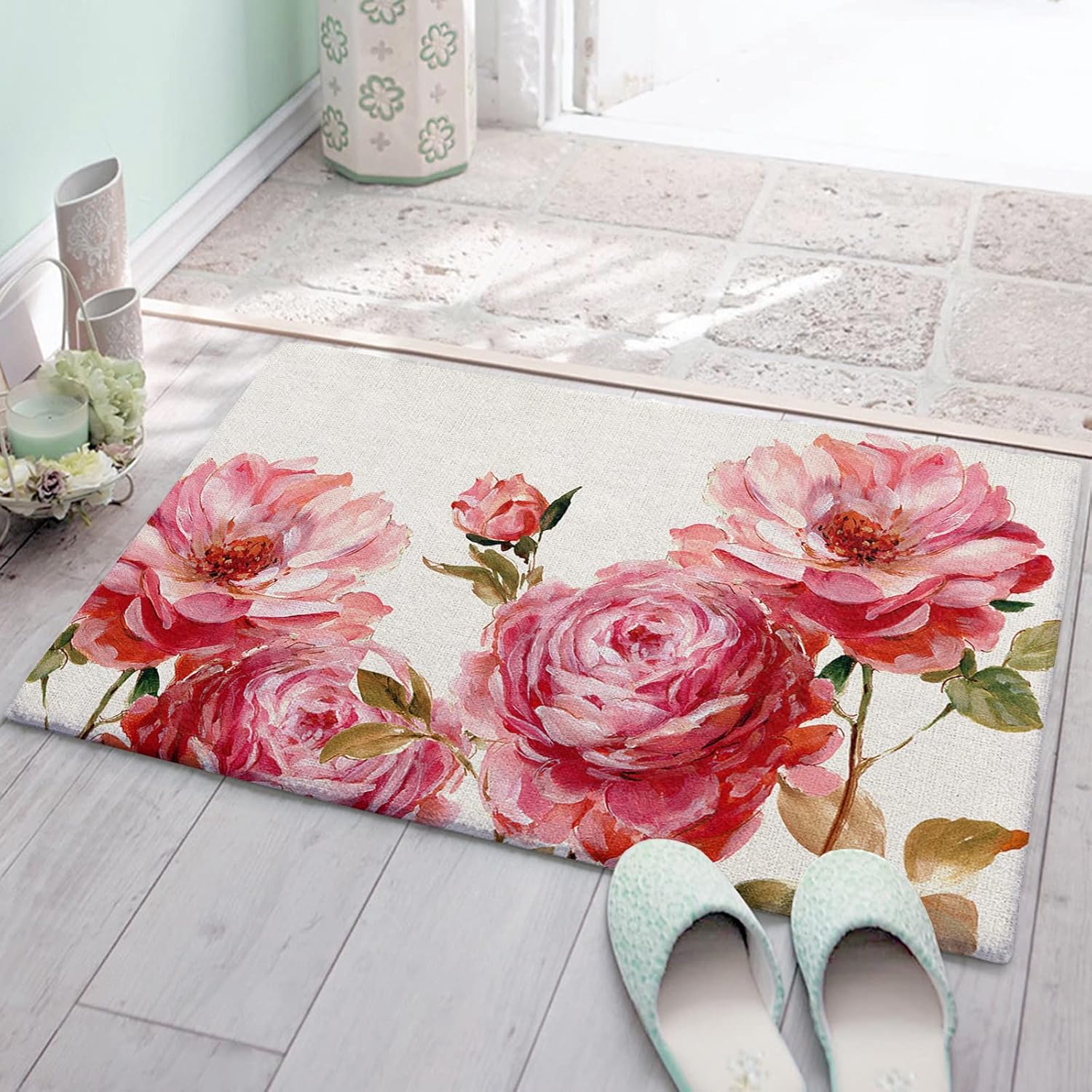 Bath Rug for Bathroom Bedroom, Pink Floral Bath Mats Plush