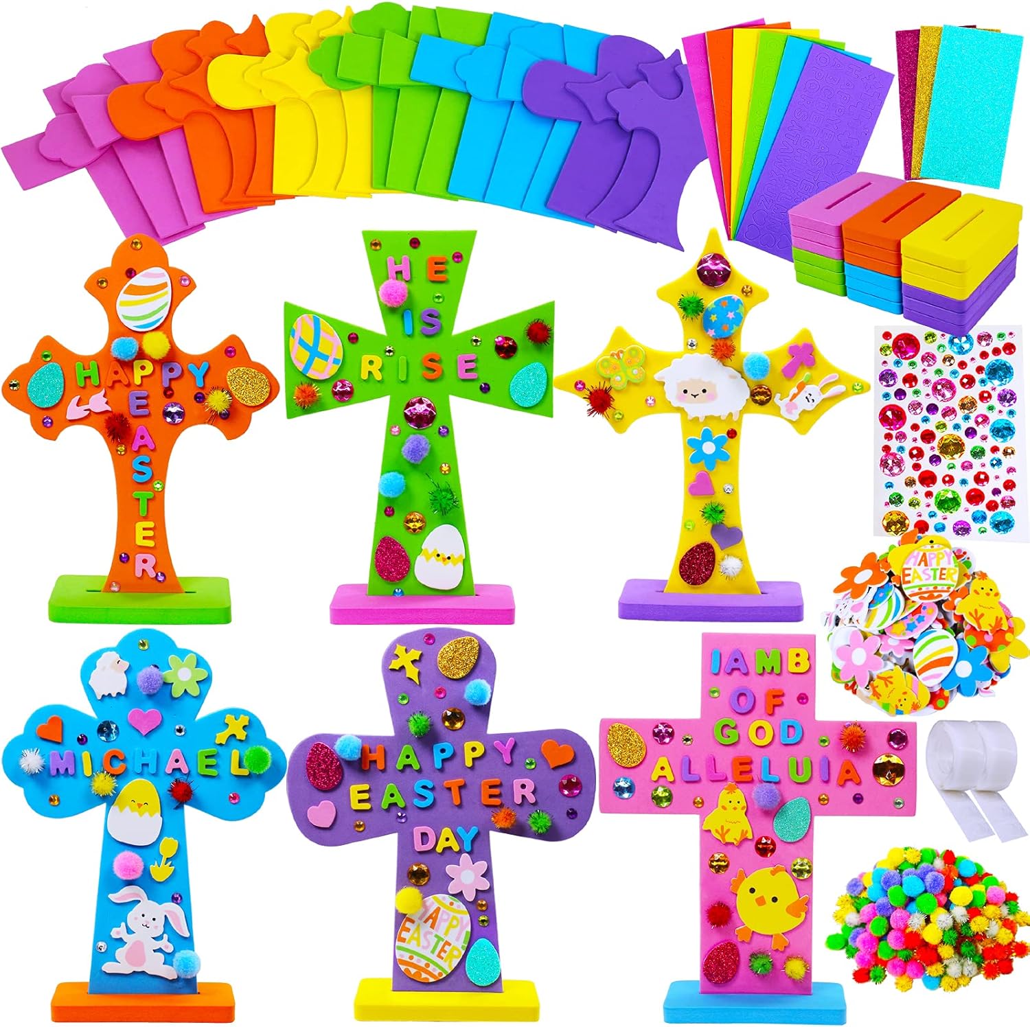 Winlyn 18 Sets Easter Cross Decorations Craft Kits Assorted Cross Foam Cutouts Egg Bunny Chick Foam Stickers Pom-poms for Kids Classroom Sunday School VBS Activity Art Project