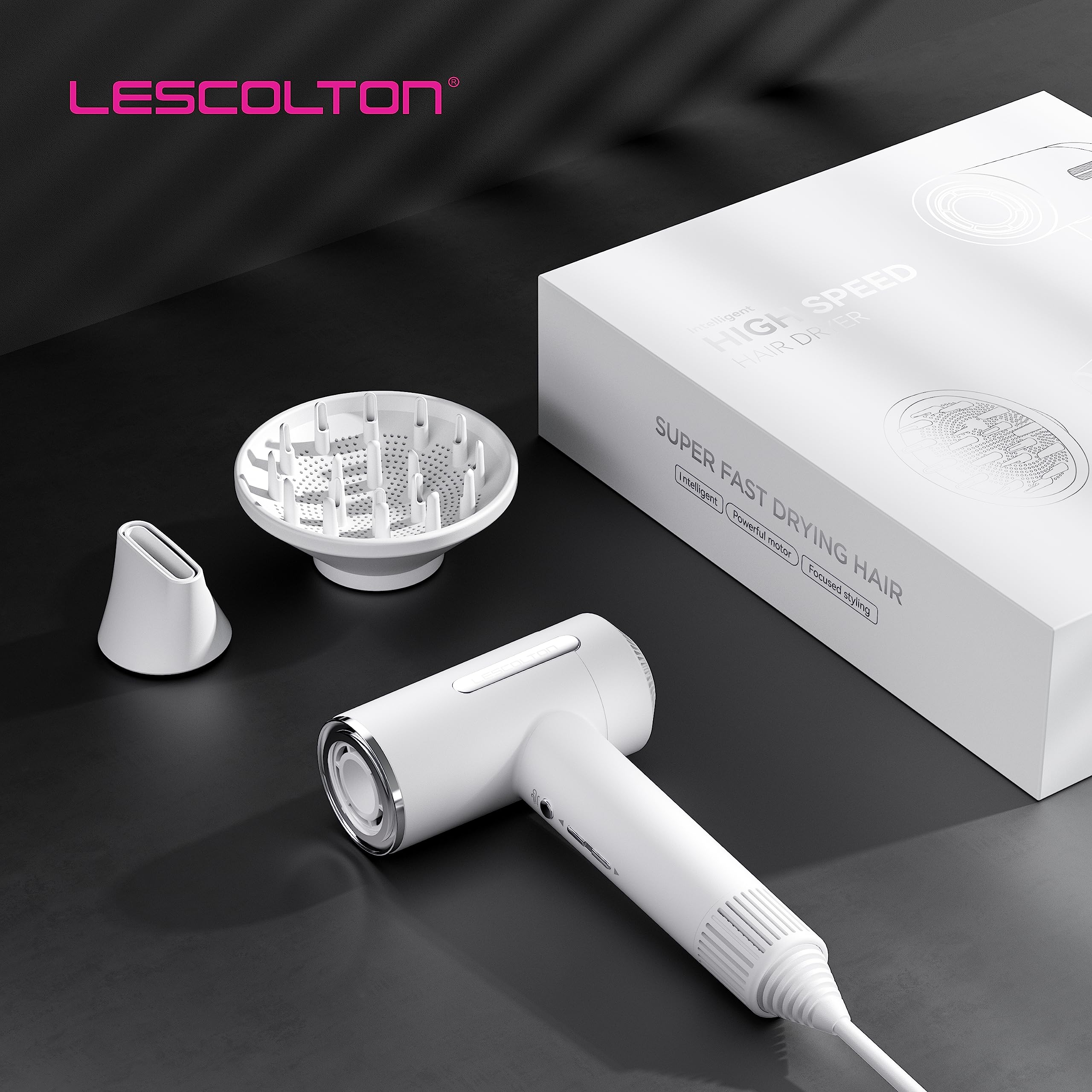 LESCOLTON Suszarka do włosów, szybkoschnąca, wyświetlacz LED, silnik o dużej prędkości 110,000 g/min, technologia jonów ujemnych, lekka, regulacja temperatury (biała)
