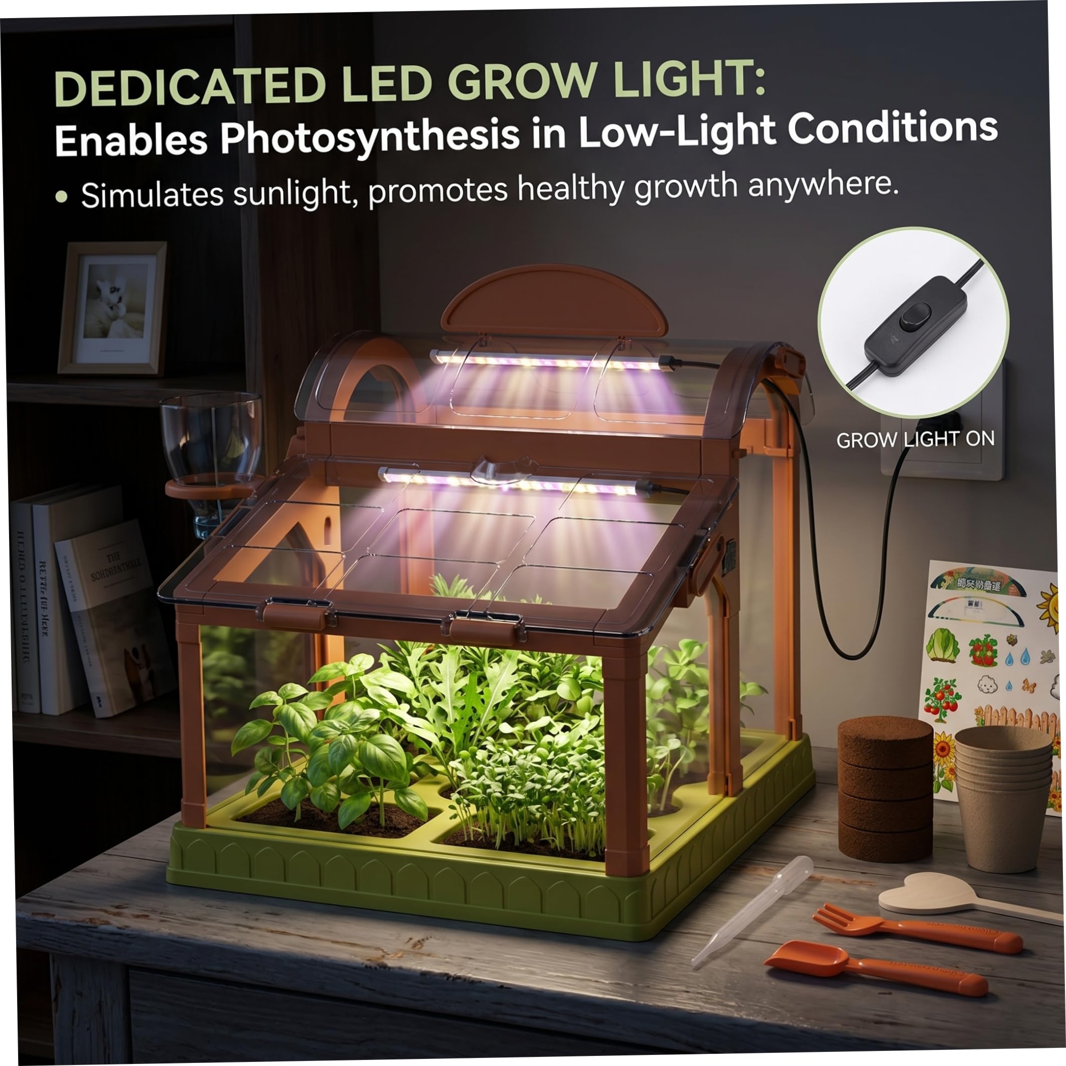 Kit de cultivo de plantas para niños, mini invernadero completo con luz LED de cultivo y herramientas, kit educativo de de plantas de interior para el hogar y la escuela