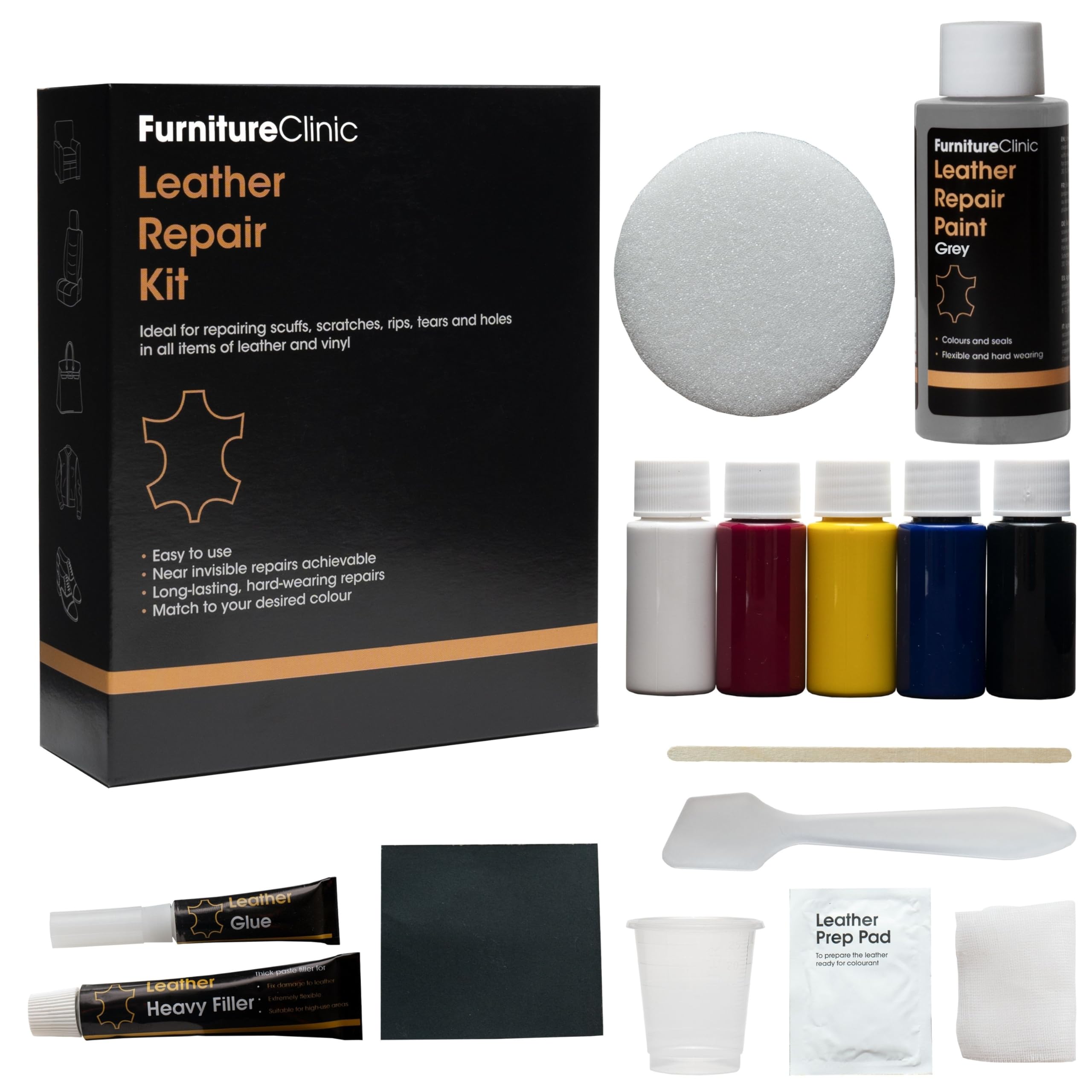 Furniture Clinic Kit Completo de Reparación de Cueros - 12 Opciones de Colores para Sofás, Asientos de Coche - Remienda, Rellena y Retoca Arañazos, Desgarros y Otras Áreas Dañadas (Gris)
