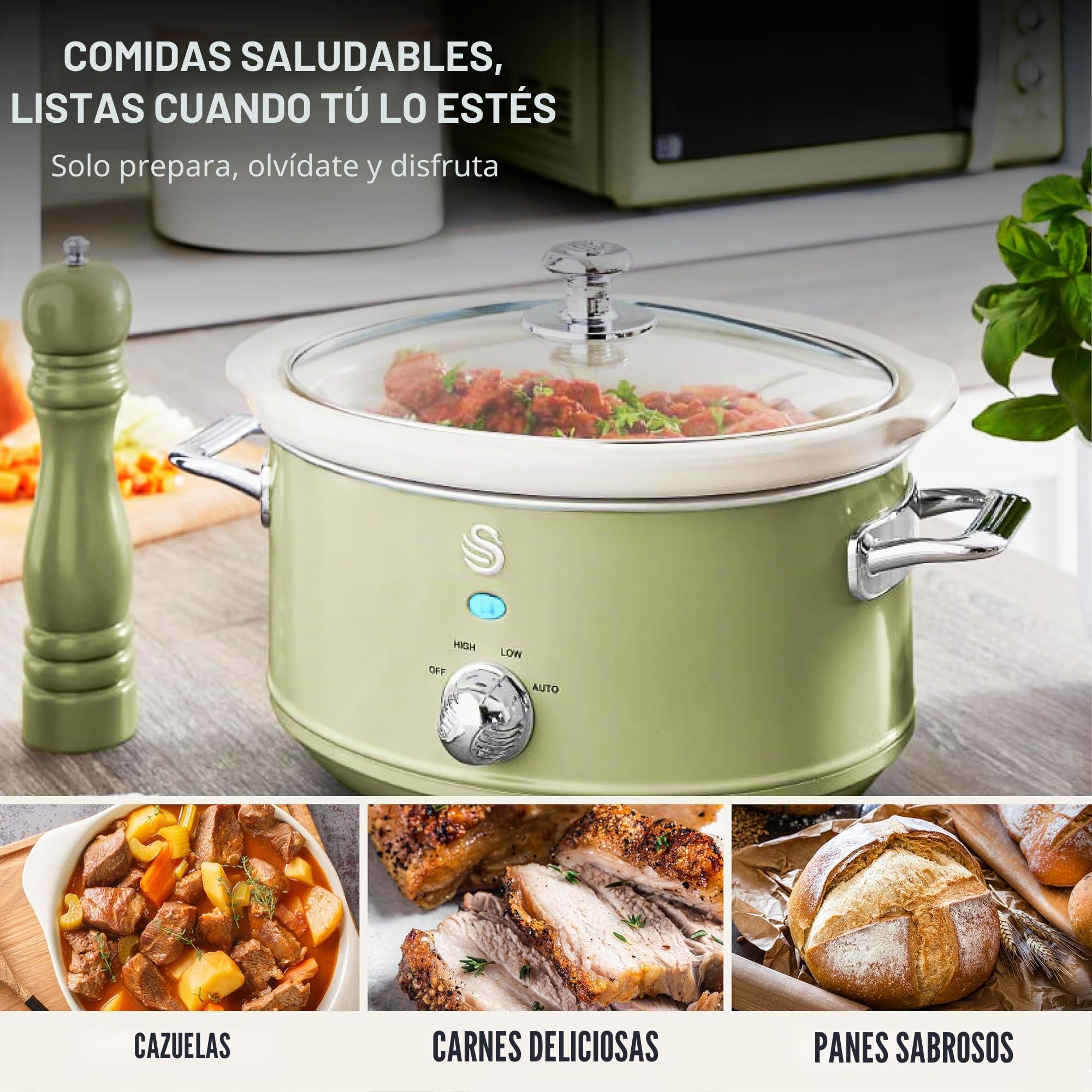 Swan Retro SF17021GN Olla Cocción Lenta 3,5L Recipiente Extraíble, Antiadherente Cerámica libre PFOA y PTFE, 3 Niveles Temperatura, Tapa Vidrio, Slow Cooker, Diseño Vintage, Verde, 200W