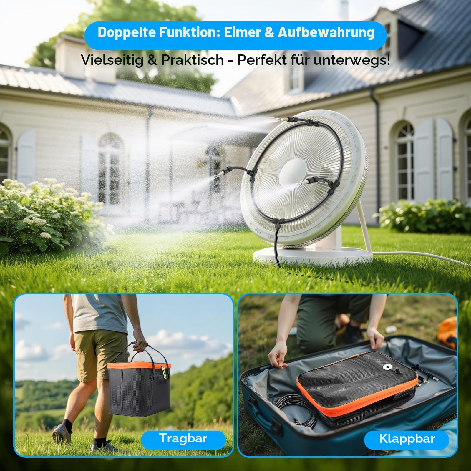 Ausic Tragbares Nebelsystem Für Außenterrasse, Wasserkühlung Mit Batteriebetriebener Pumpe (max. 8 Stunden), Eimer, 7, Schlauch, Terrassen-Nebel Heckklappe, Weide, Camping, Vordach, Sport, 20 L, M