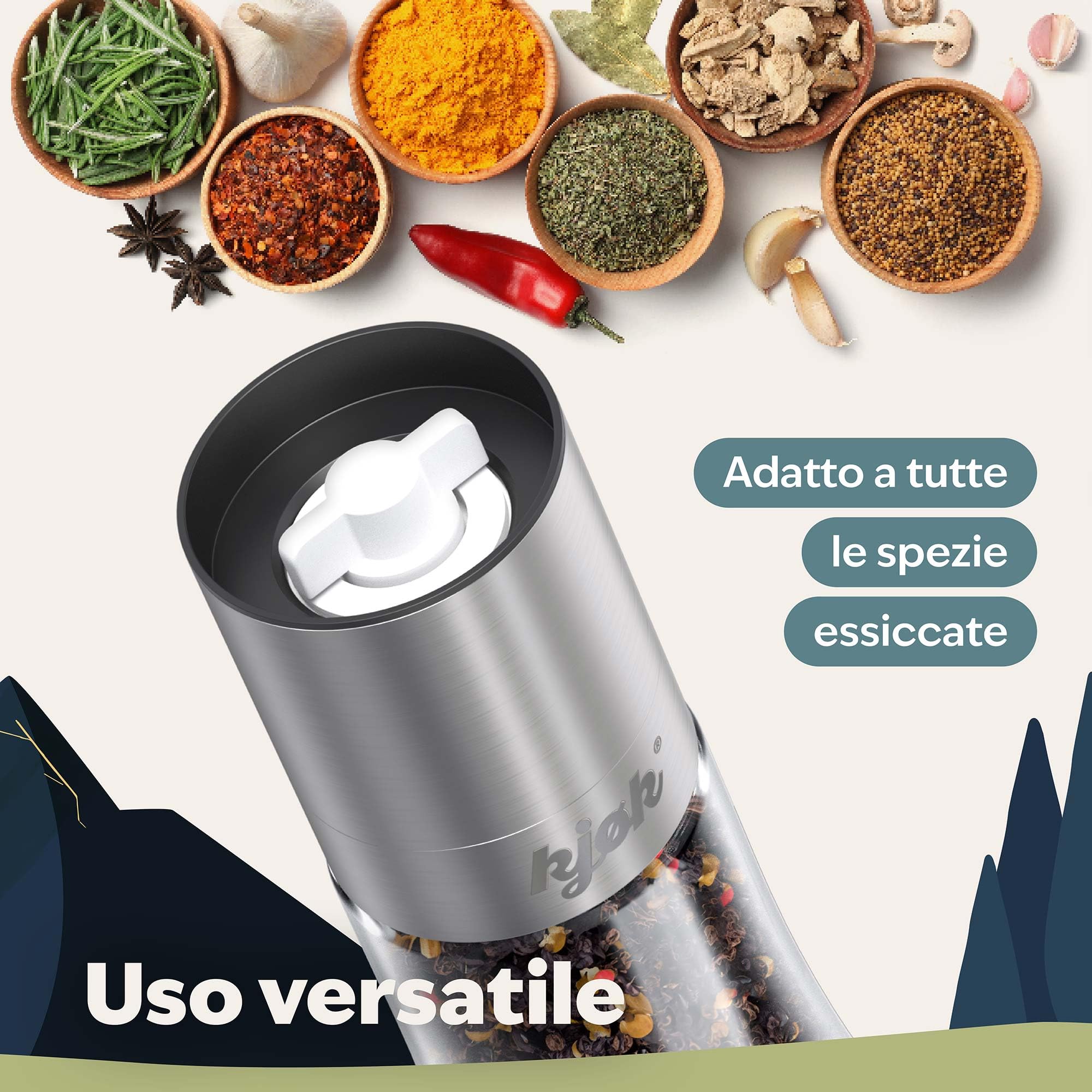 kjøk Set 2 Macinini Sale e Pepe in Acciaio Inox e Vetro – macinapepe manuale con macinazione in ceramica regolabile – senza BPA – per sale, pepe ed erbe essiccate
