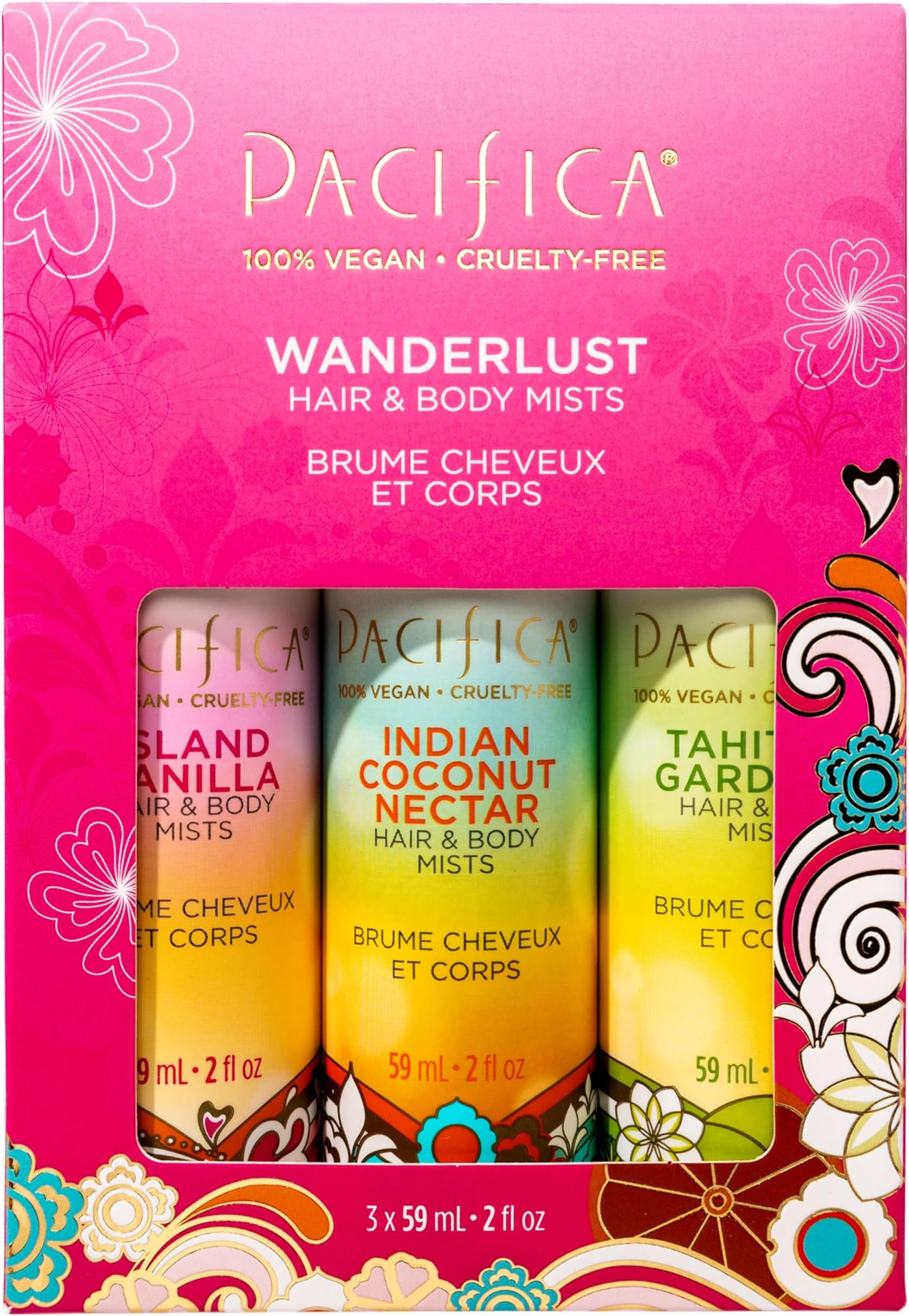 Pacifica Beauty Mini Fragrance Sampler, 3 Island Vanilla Scents - Hair Perfume & Body Spray Gift Set, Vegan & Cruelty Free