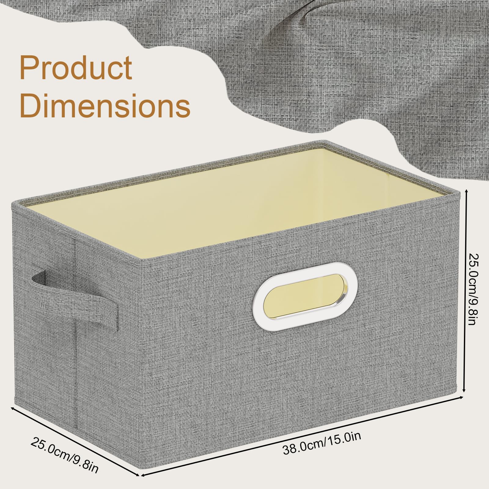 Caja de Almacenamiento con Manija Metálica,38x25x25cm,Gris,4 Piezas | Cesta de Almacenaje con Placa de Soporte PP,Organizador de escritorio con Mango,Lavable Caja para Armario Abatible de Tejidos