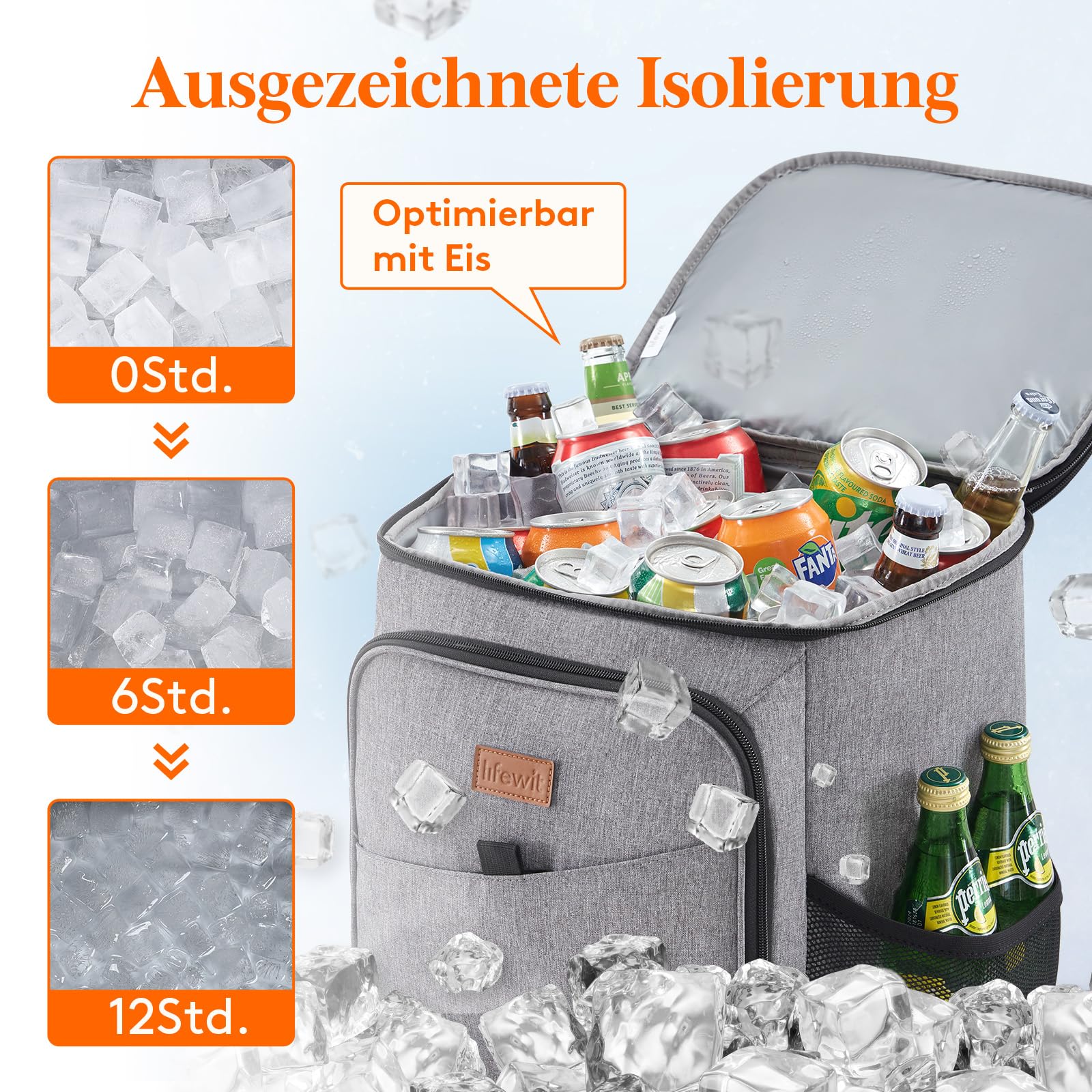 Lifewit 32L 34 Dosen isolierte Kühltasche, Große kühlrucksack, auslaufsichere tragbare Lunchtasche, weiche Kühlbox für Outdoor, Picknick, Strand, BBQ, Camping, Reisen, Familie, Grau
