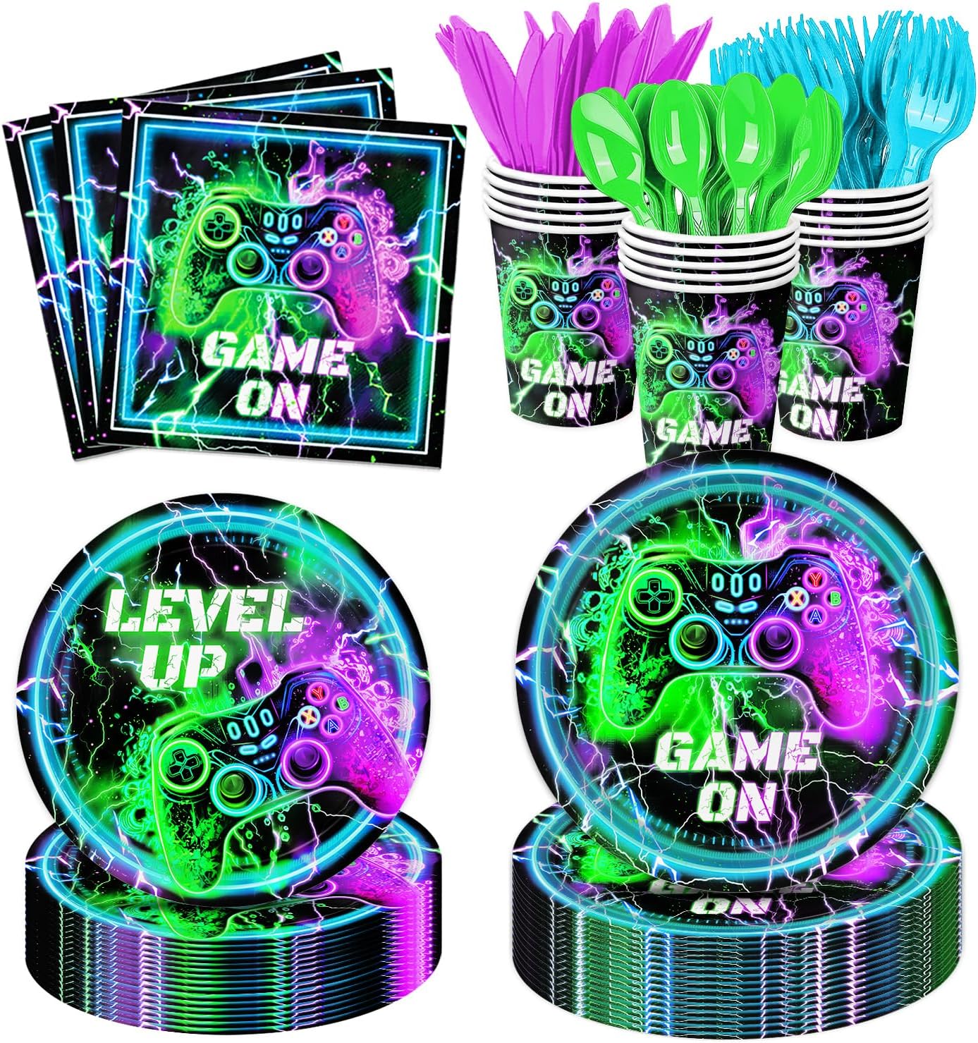 169PCS Game Birthday Party Supplies Video Game Birthday Decorations Includes Plates, Napkins, Cups, Cutlery, Banner for Gaming Birthday Party Decorations, Serves 24 169PCS Game Birthday Party Supplies Video Game Birthday Decorations Includes Plates, Napkins, Cups, Cutlery, Banner for Gaming Birthday Party Decorations, Serves 24