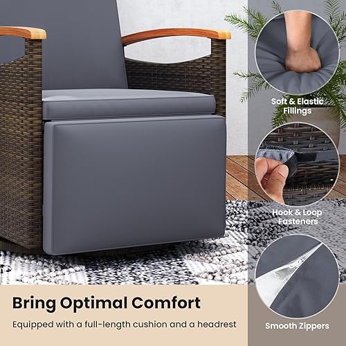 Miniatura 8 de Tangkula Silla reclinable giratoria de ratán de 360 grados, silla de mimbre con respaldo ajustable y reposapiés, asiento reclinable acolchado con
