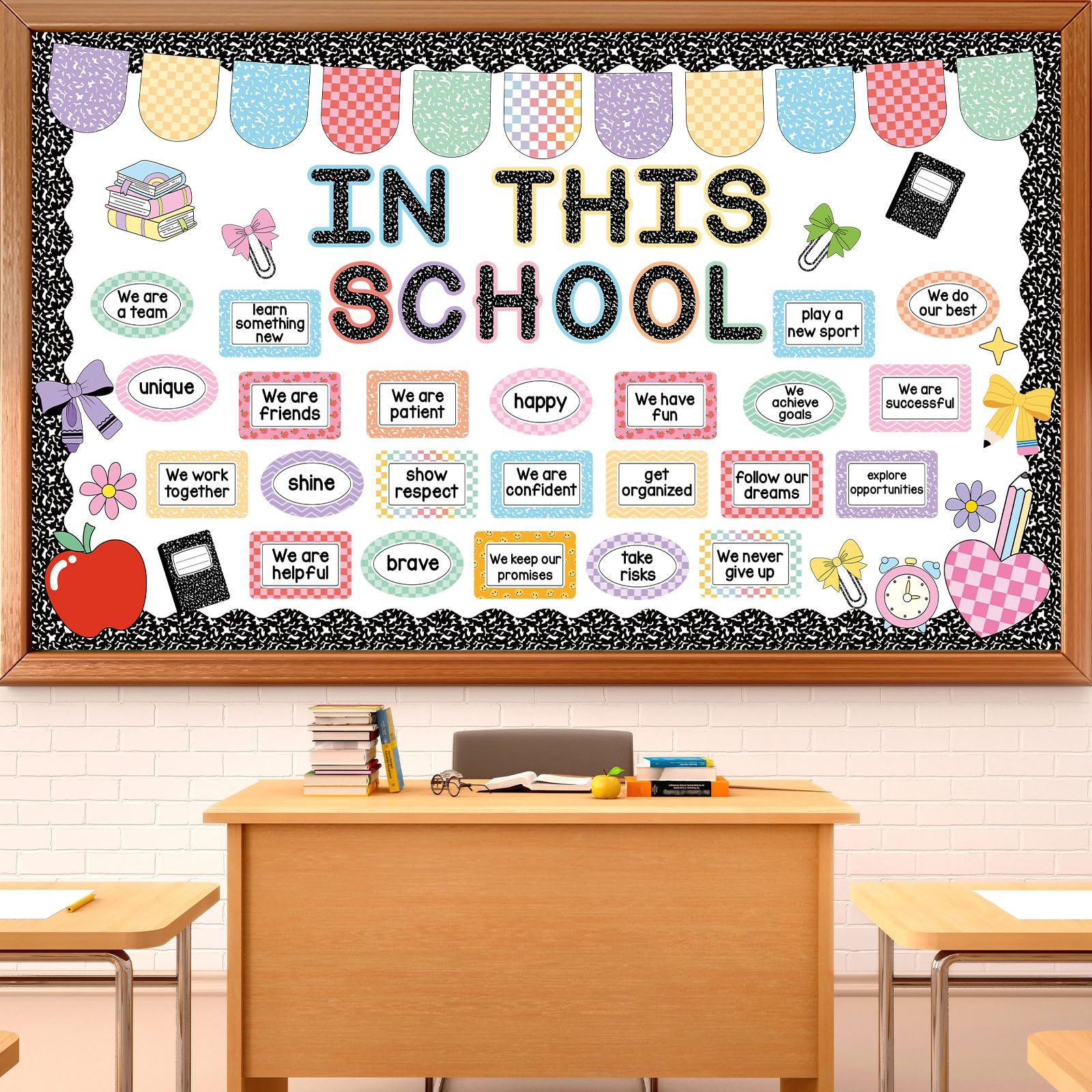 In This School - Tablero de anuncios motivacional para decoración de aula, estación de afirmación, composición tablón de anuncios inspirador positivo para volver a la escuela, recortes para el aula