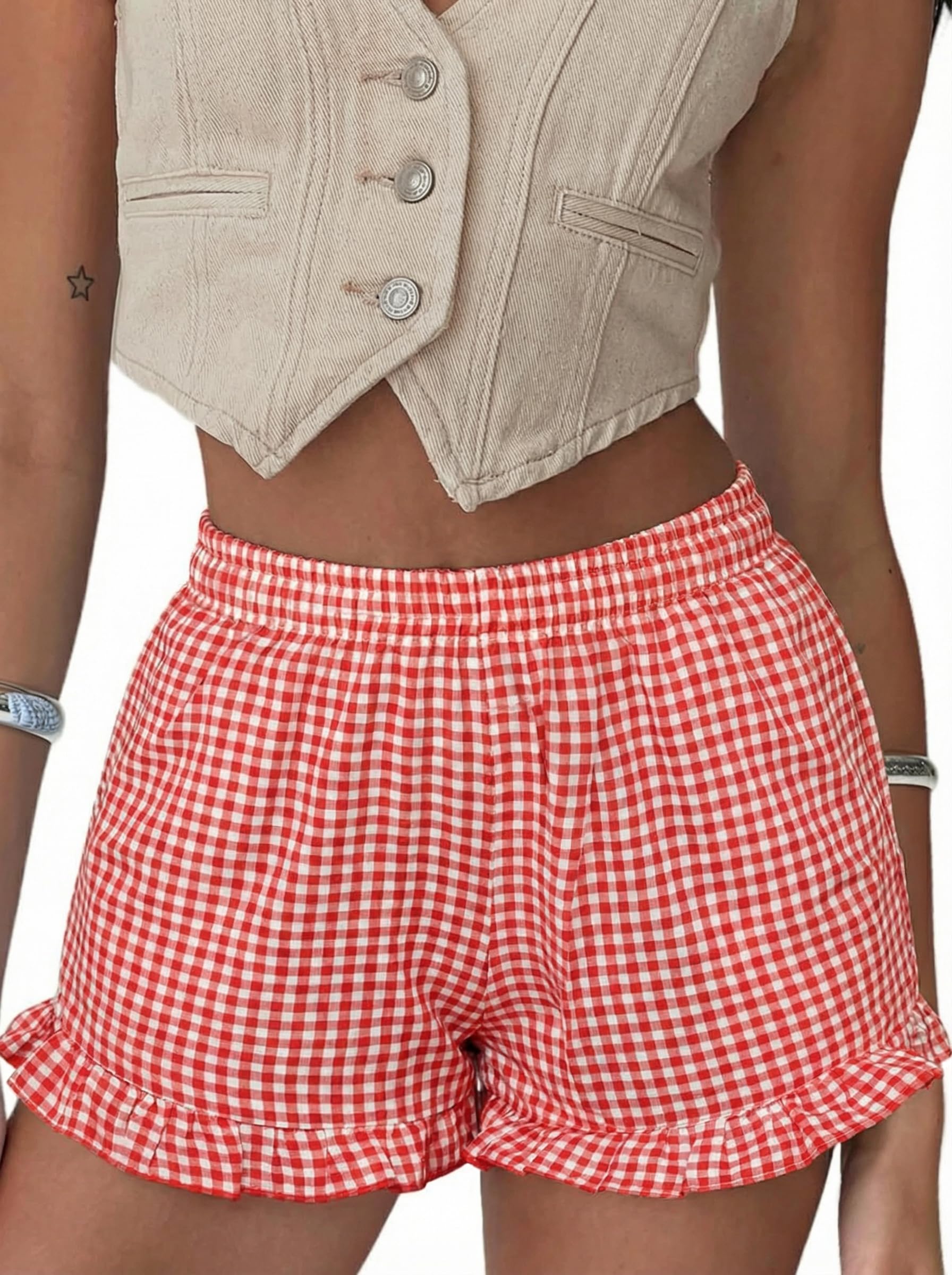Boxer Shorts Gingham Shorts Y2K Beach Bottoms | Plaid Shorts Y2K Pajama Bottoms Two Pockets