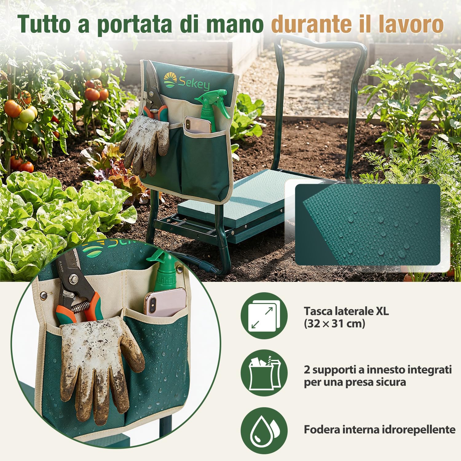 Sekey Panca regolabile in altezza per giardinaggio, portata 160 kg, sgabello da giardino pieghevole con tasche per attrezzi, aiuto per il giardinaggio, 60 x 50 x 28 cm, verde