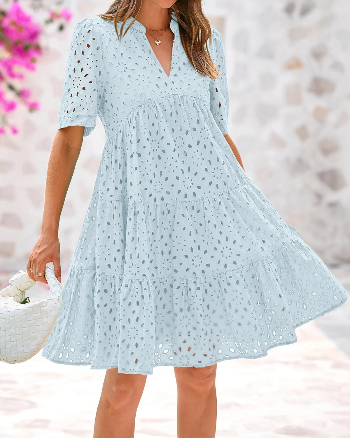 BTFBM Womens Boho Summer Dresses 2026 Spring V Neck Short Sleeve Hollow Out Lace Ruffle Casual Beach Mini Vacation Dress - Image 5