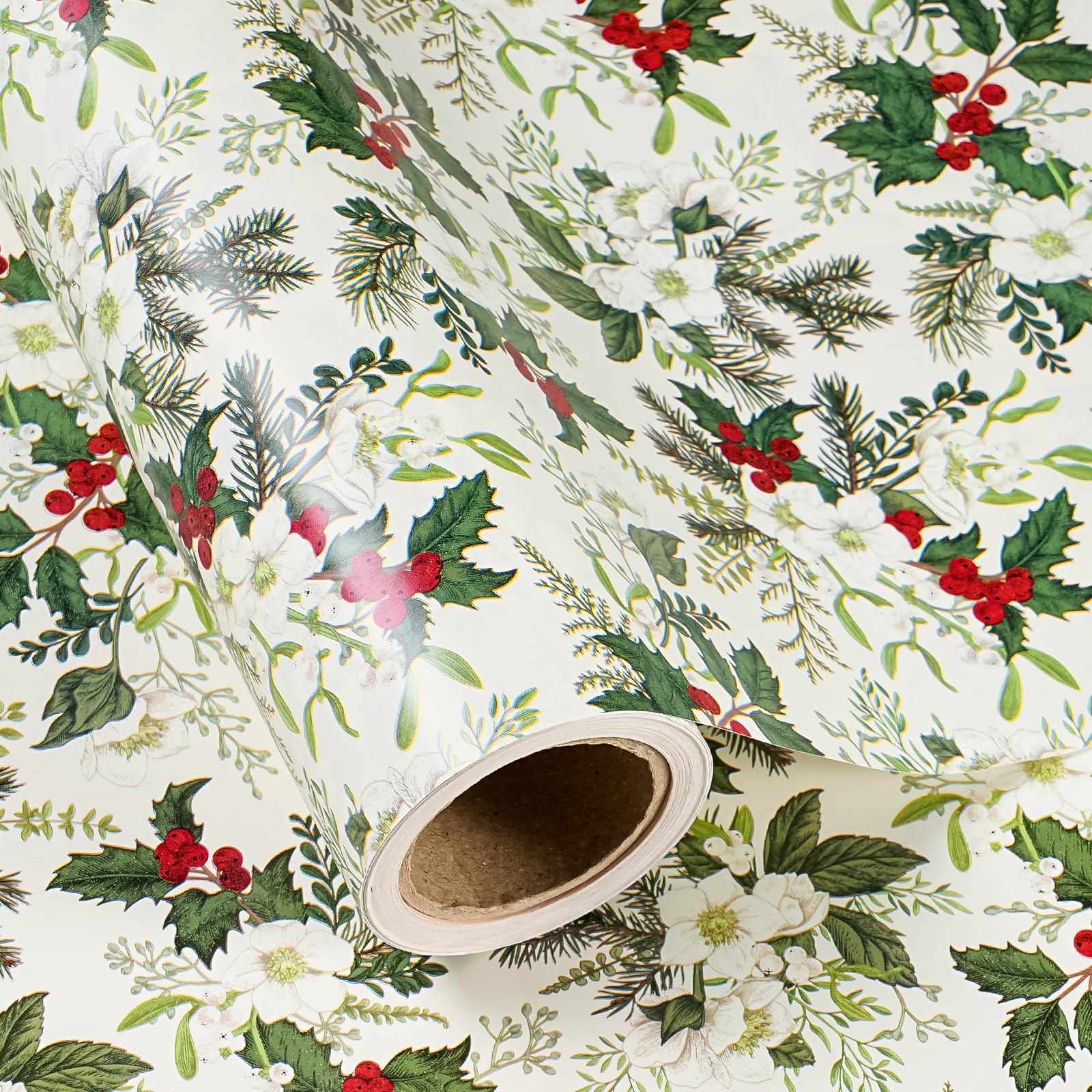 RUSPEPA Christmas Wrapping Paper - Mini Roll - 43.2cm x 10m - White Floral Wrapping Paper with Green Leaves and Red Berries for Xmas, Party Celebration
