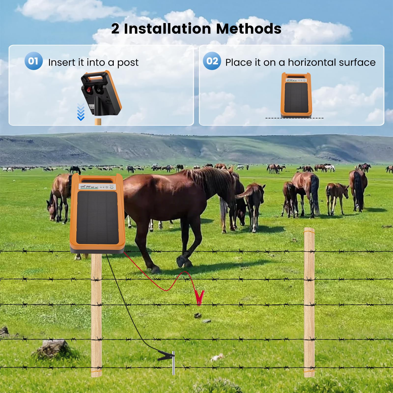 Elettrificatore per recinzioni elettriche con portata di 10 km, potenza di uscita di 1,5-2 J per bestiame e animali domestici, alimentazione trivalente (230 V/12 V/solare), impermeabile IP45