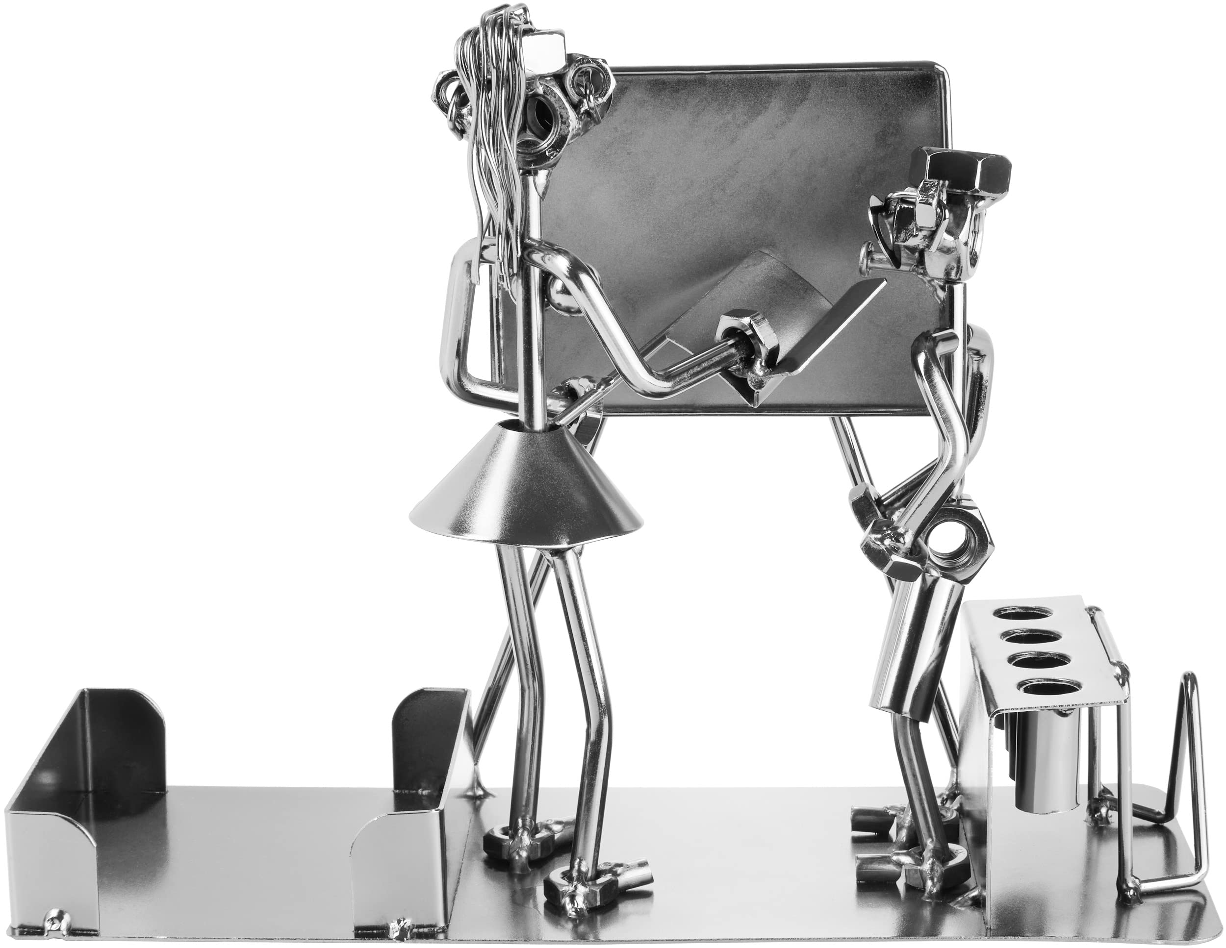 BRUBAKER Schraubenmännchen Lehrerin mit Stiftehalter - Handarbeit Eisenfigur Schule Metallmännchen mit Visitenkartenhalter und Fach für Notizzettel - Metallfigur Geschenkidee