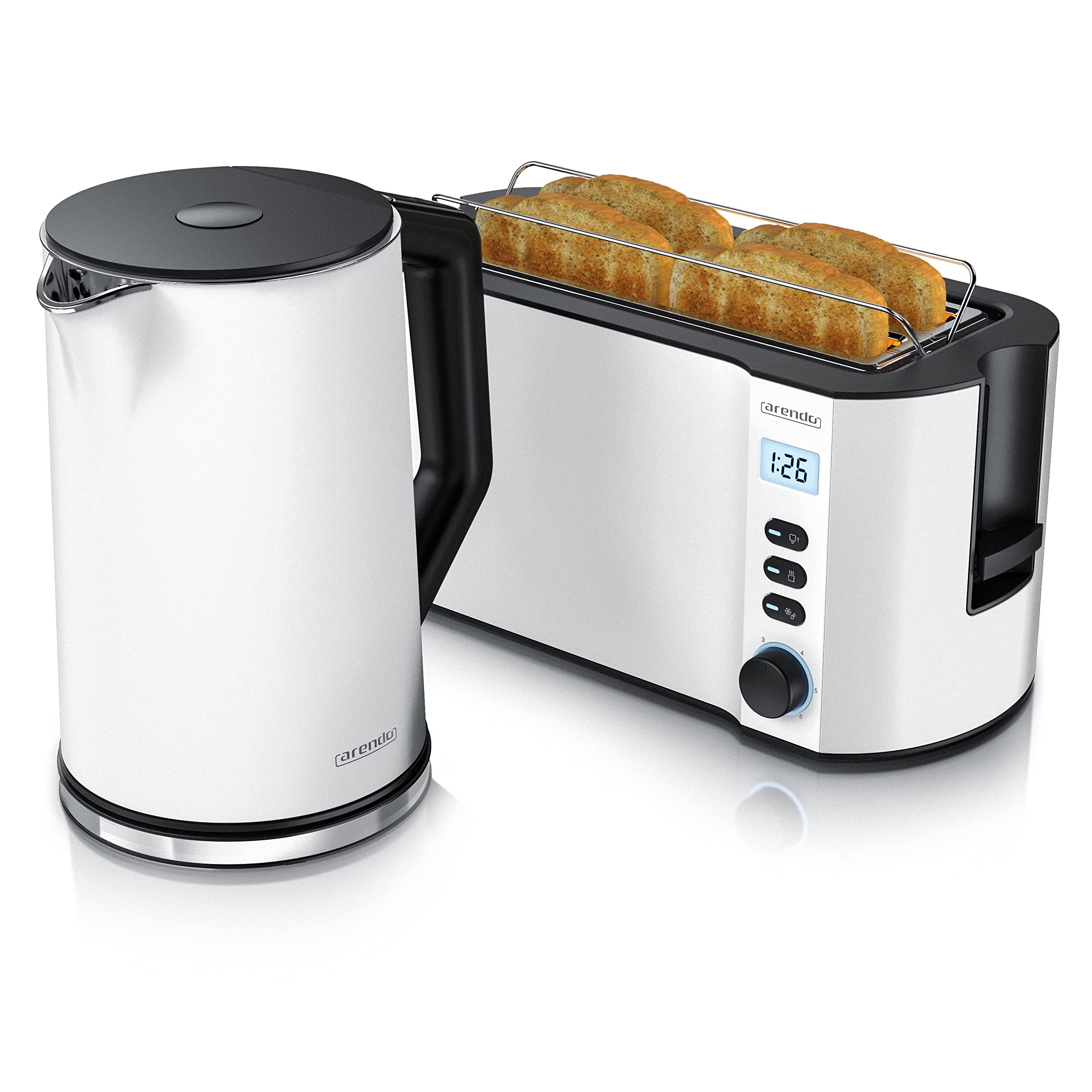 Arendo Wasserkocher Toaster SET Edelstahl Weiß matt 1,5L 4 Scheiben LED-Display