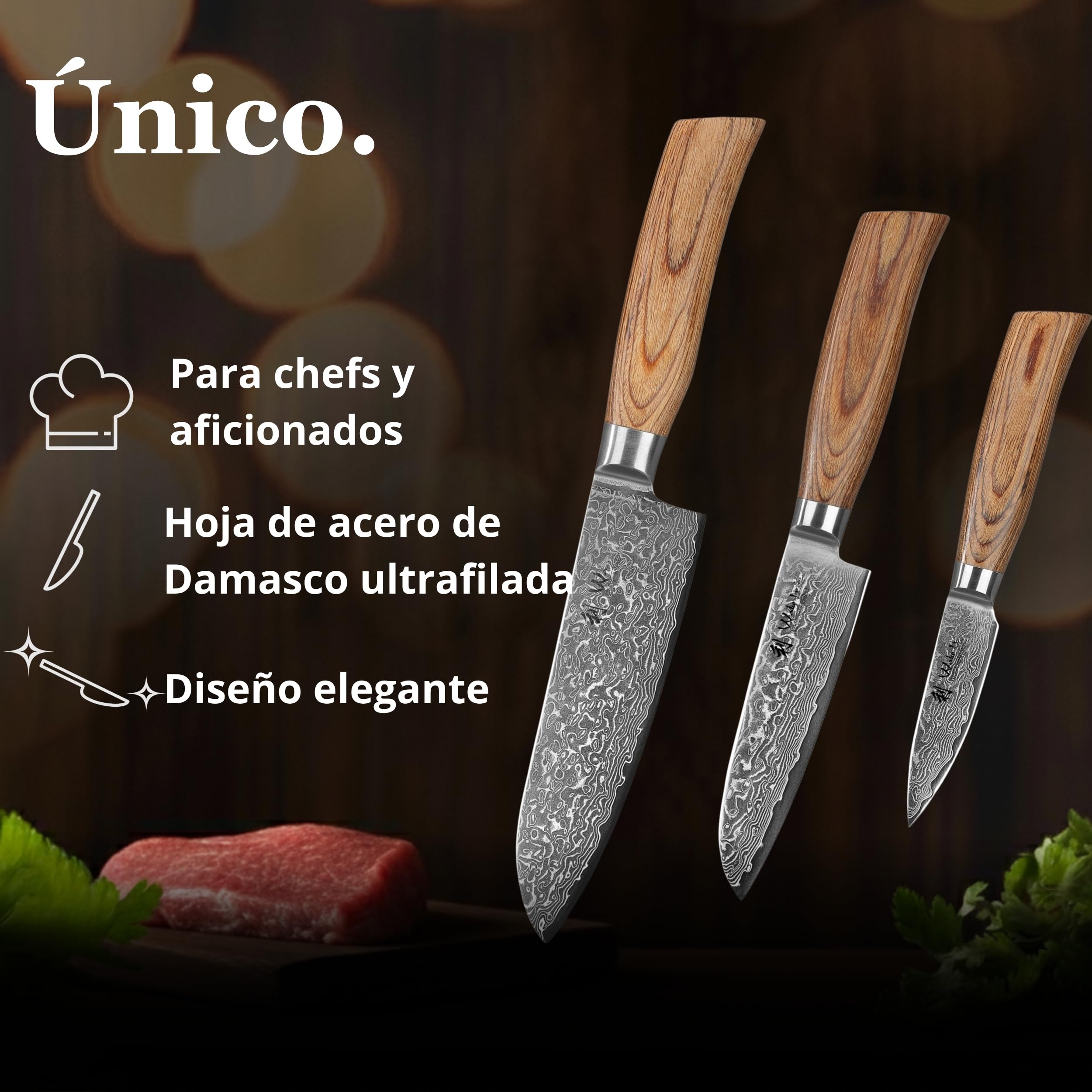 WAKOLI EDIB Pro juego de 3 cuchillos de cocina de acero de damasco de 67 capas con núcleo VG10, 2 cuchillos Santoku y 1 puntilla, mangos ergonómicos de madera Pakka, caja de regalo de madera