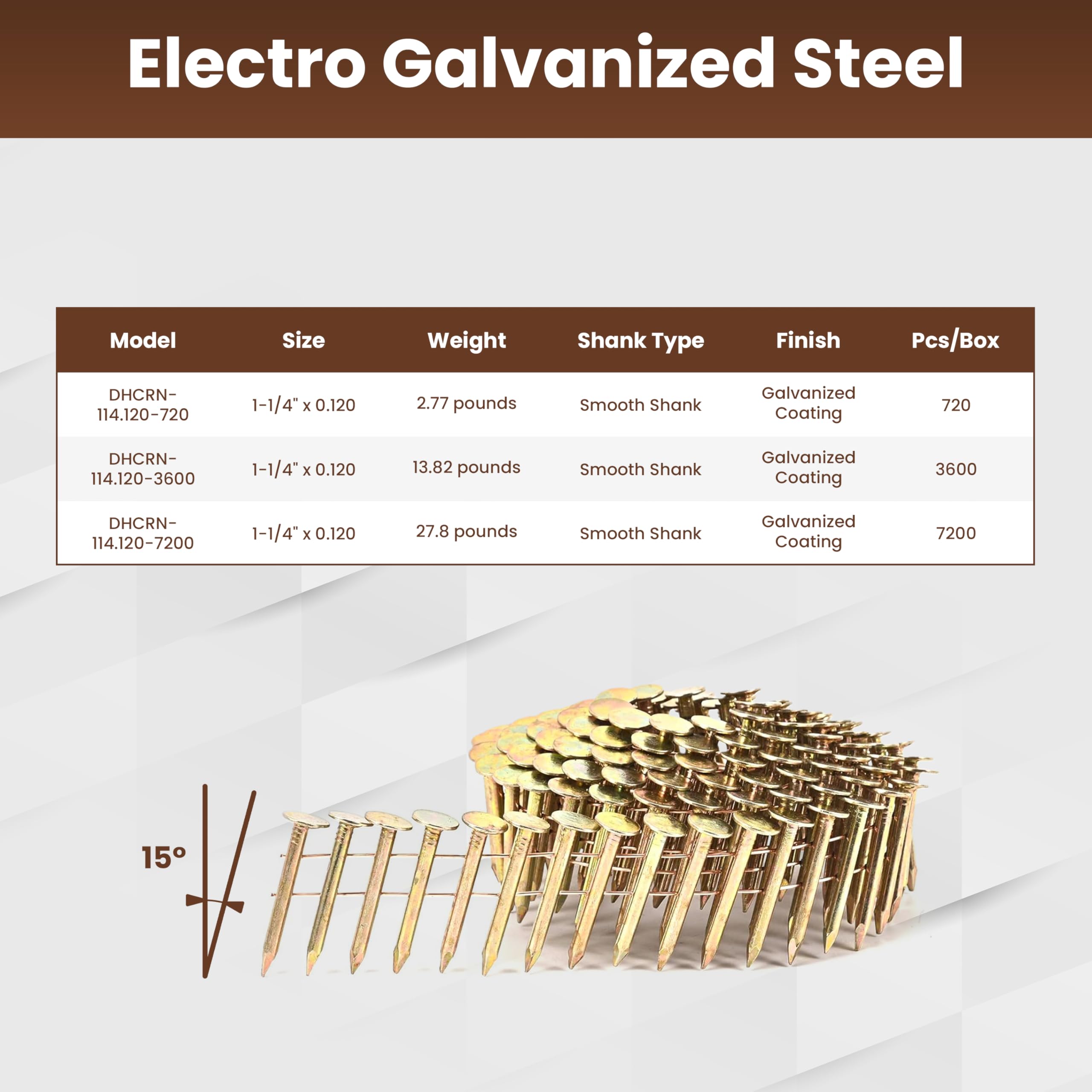 Clavos de techo de bobina de 1-1/4 pulgadas x 0.120 electro galvanizados, 15 grados - 3600 piezas (120 piezas por bobina, 30 bobinas por caja) - DHCRN-114.120-3600