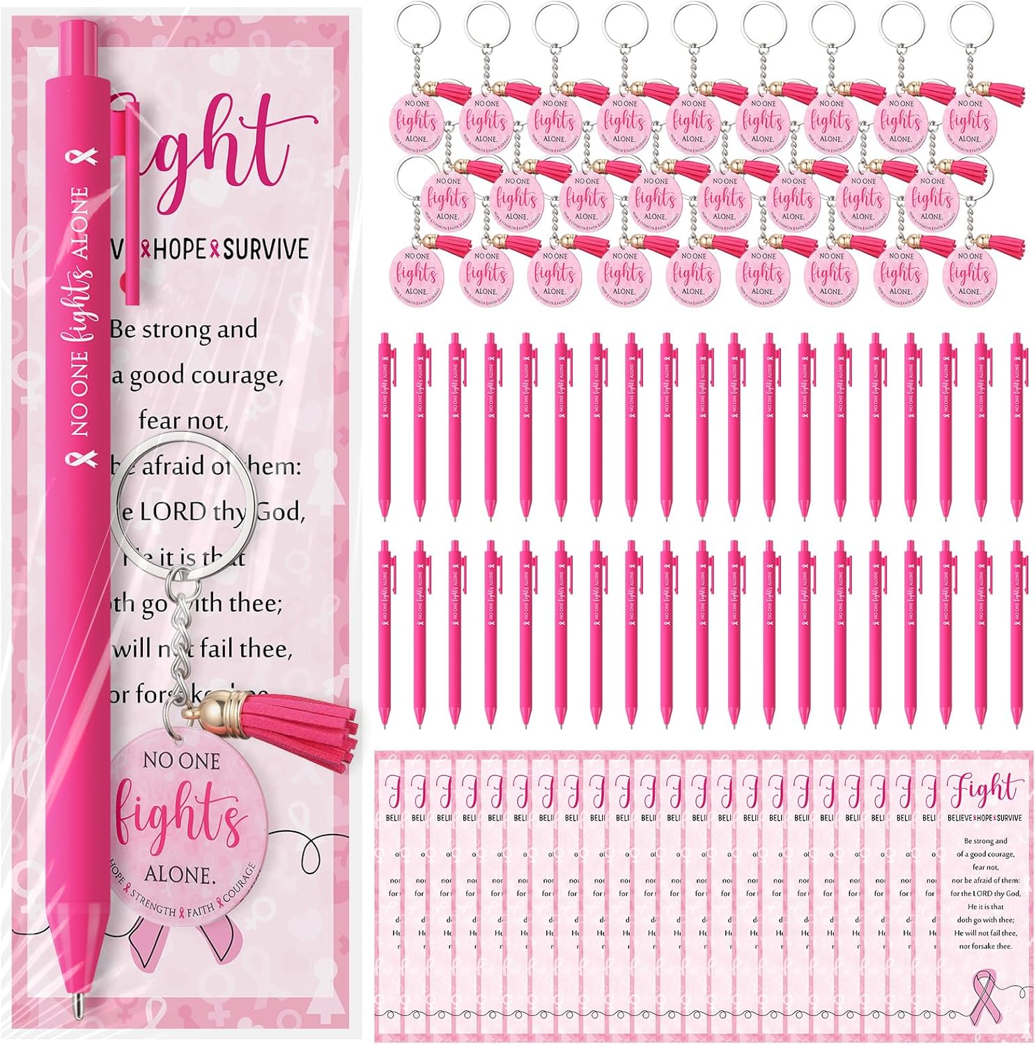 150 Pcs Breast Cancer Awareness Gifts Set Include 50 Breast Cancer Awareness Pens 50 Pink Ribbon keychains 50 Cards with Bag for Women Public Events Gift Office Supplies (Pink)