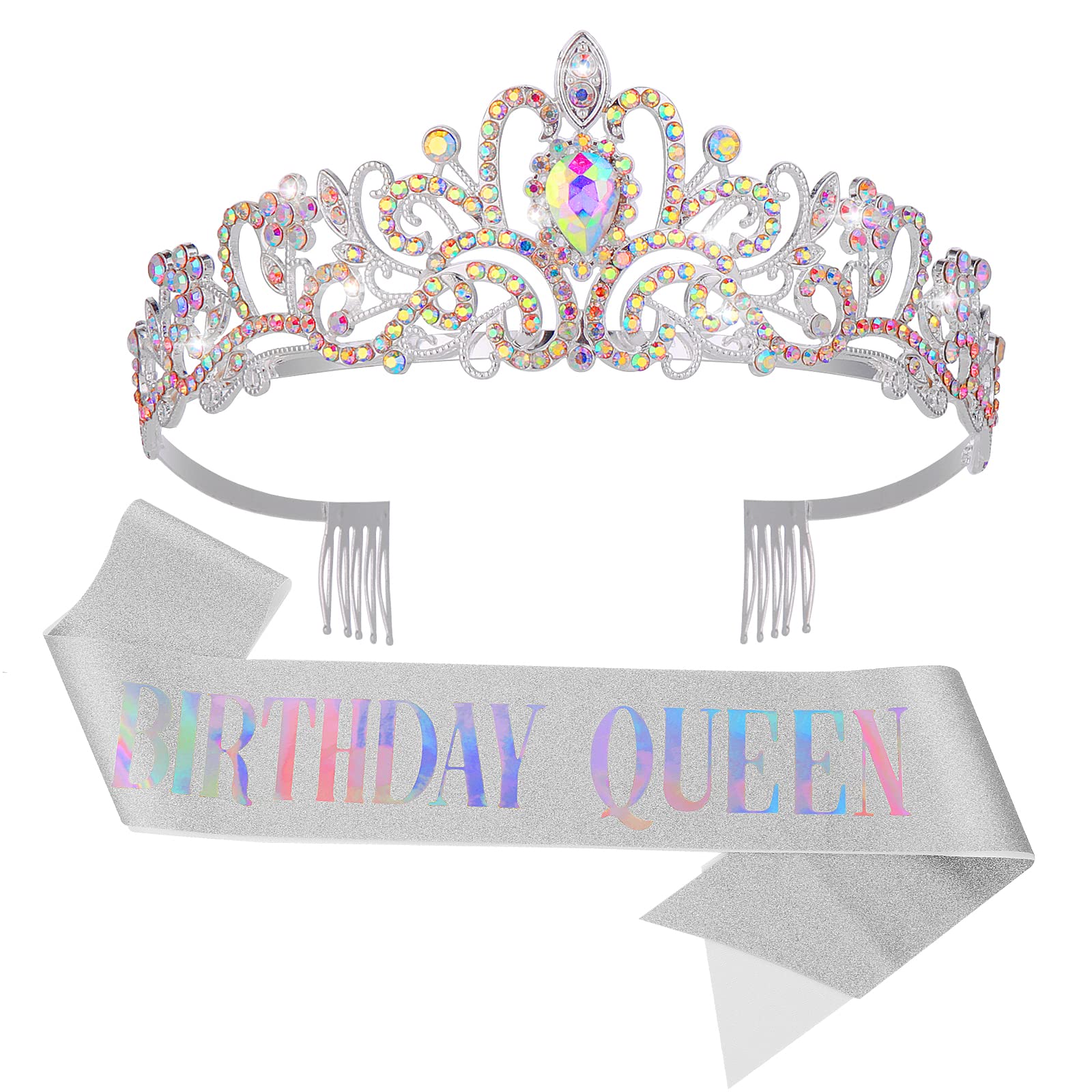 Abeillo Juego de bandas y tiaras de cumpleaños para mujer, corona de princesa de cumpleaños y fajas de cumpleaños para niñas, accesorios para el cabello con diamantes de imitación de cristal