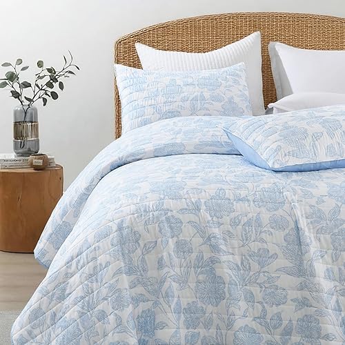 Miniatura 4 de HORIMOTE HOME Juego de edredón de plantas tropicales, tamaño Queen, 3 piezas, hojas de palmera azul, estilo selva, juego de ropa de cama reversible