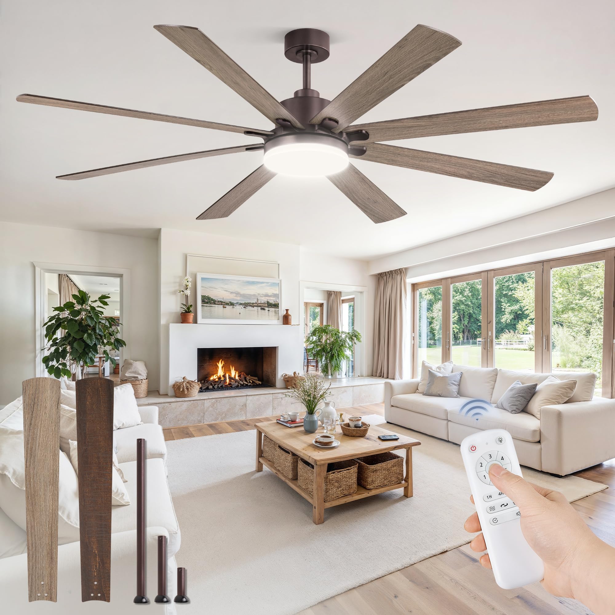 ZMISHIBO 72 Inch Ceiling Fans with Light, Large LED Panel, Brown
