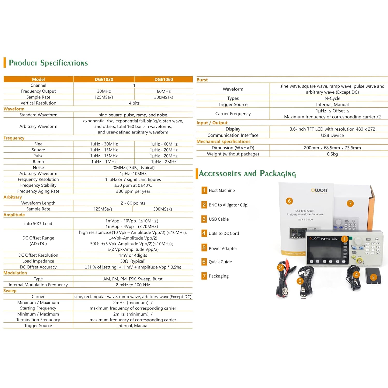 OWON Arbitrary Waveform Function Generator, 60MHz, 300MSa/s, 14-Bit, with SCPI and PC Control for Circuit Testing, DGE1060