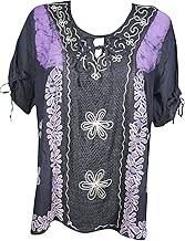 Womens Black Tunic Blouse Top Embroidered Designs Boho Gypsy Tops XL