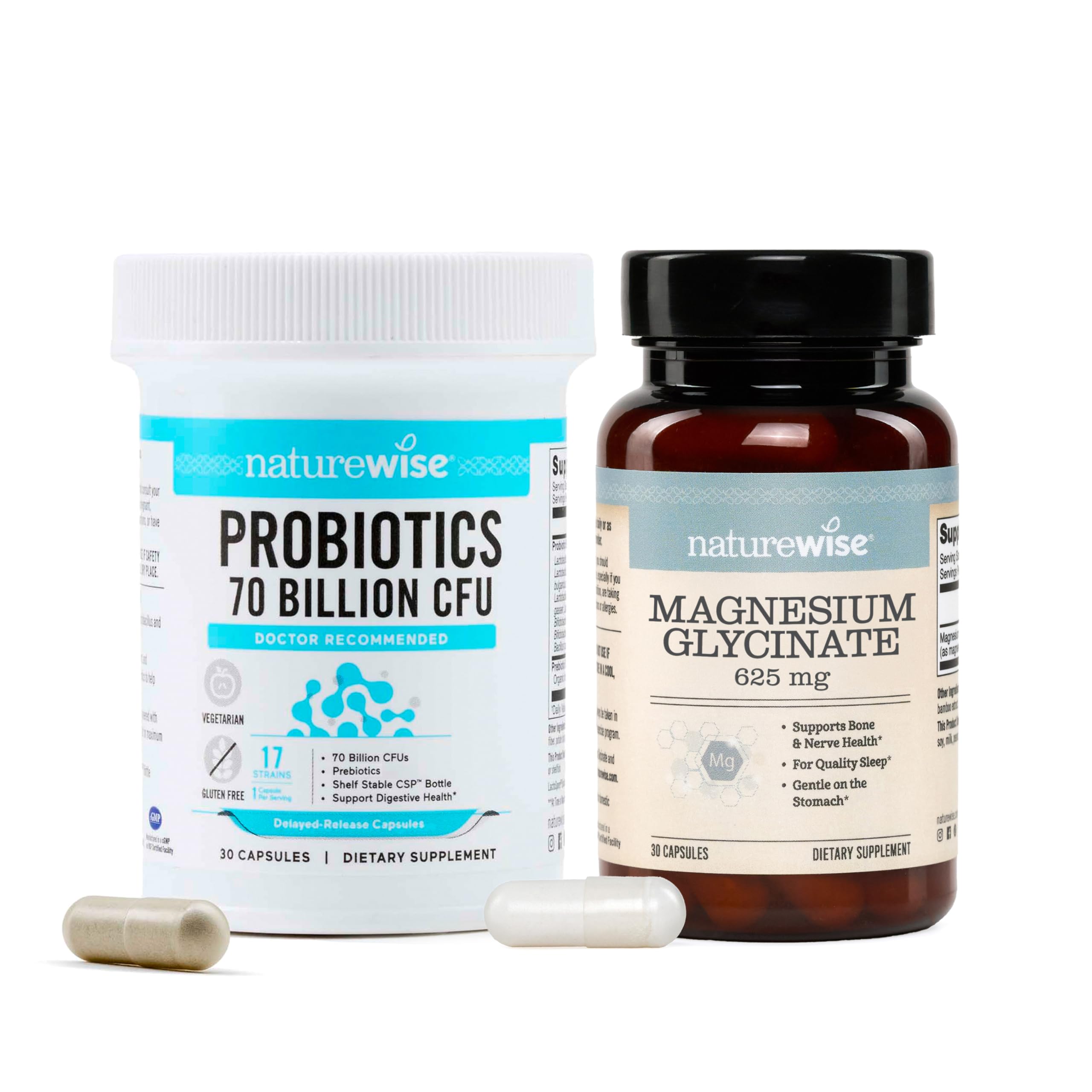 NatureWise [1] Probiotics 70 Billion CFU + Organic Prebiotics - 30 Capsules[1-Month Supply] + [1] Magnesium Glycinate 625mg - Chelated Magnesium - 30 Capsules[3