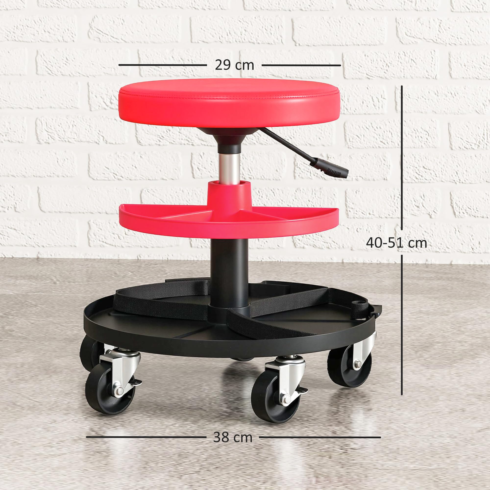 HOMCOM Taburete de Taller Giratorio con Ruedas Altura Ajustable de 40-51 cm Asiento Taburete para Mecánico con 2 Bandejas para Herramientas Carga 135 kg para Garaje Reparación de Automóviles Rojo