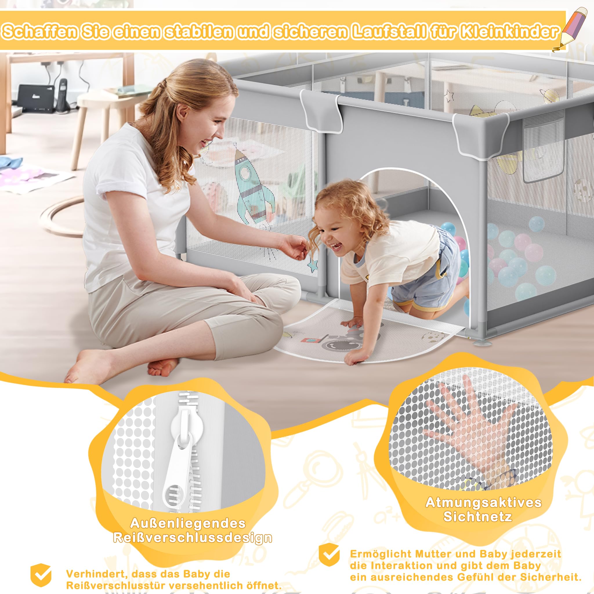 XMTECH Kojec dla niemowląt, przenośny, z 50 piłkami do zabawy, 127 cm x 127 cm x 68 cm, kratka ochronna z oddychającą siatką i zamkiem błyskawicznym i 4 pierścieniami do ciągnięcia (szary z motywami