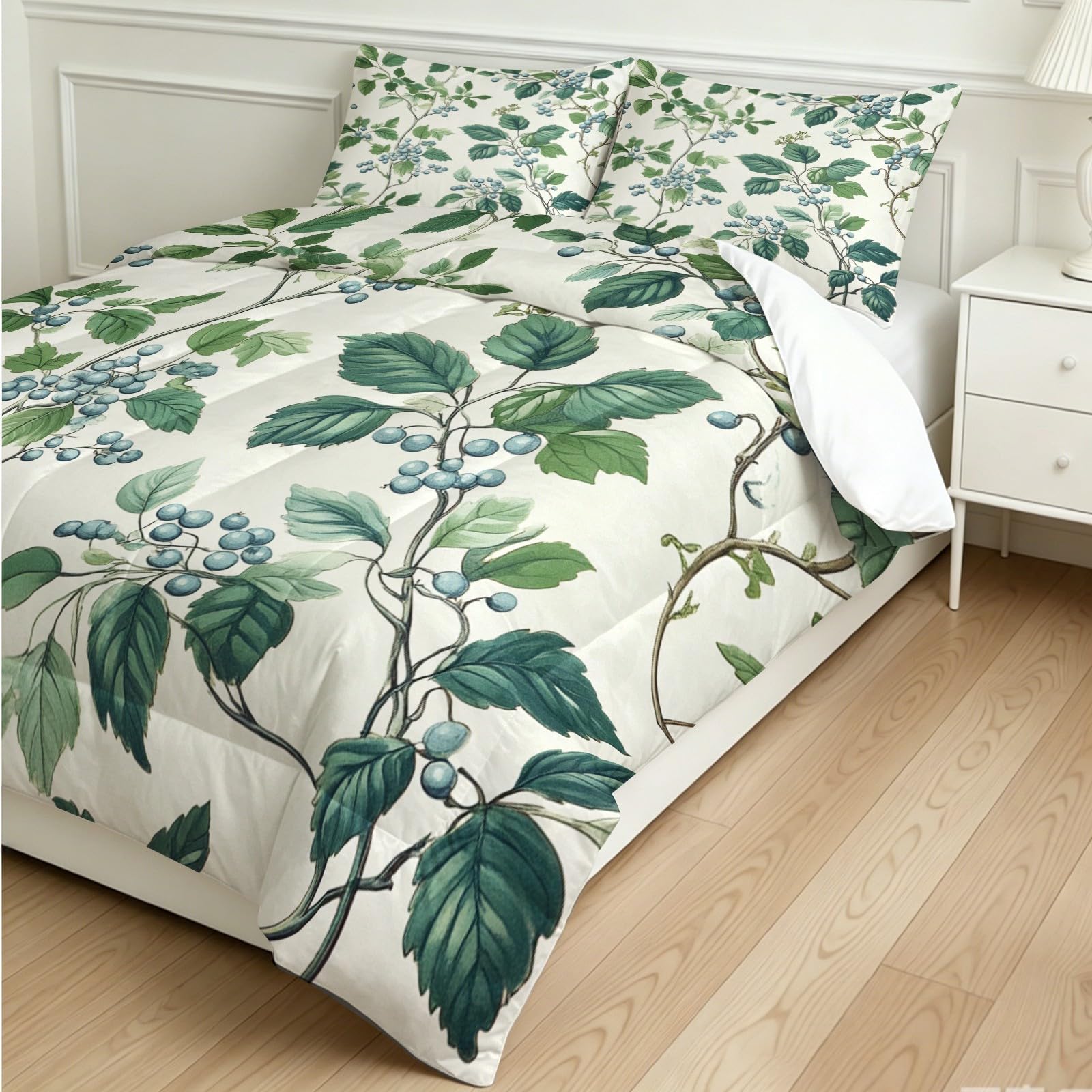 Edredón Cama 90 135 x 200 cm Hojas y Bayas pequeñas 4 Estaciones, Relleno Nórdico Microfibra Verde 2 Fundas, Lavable