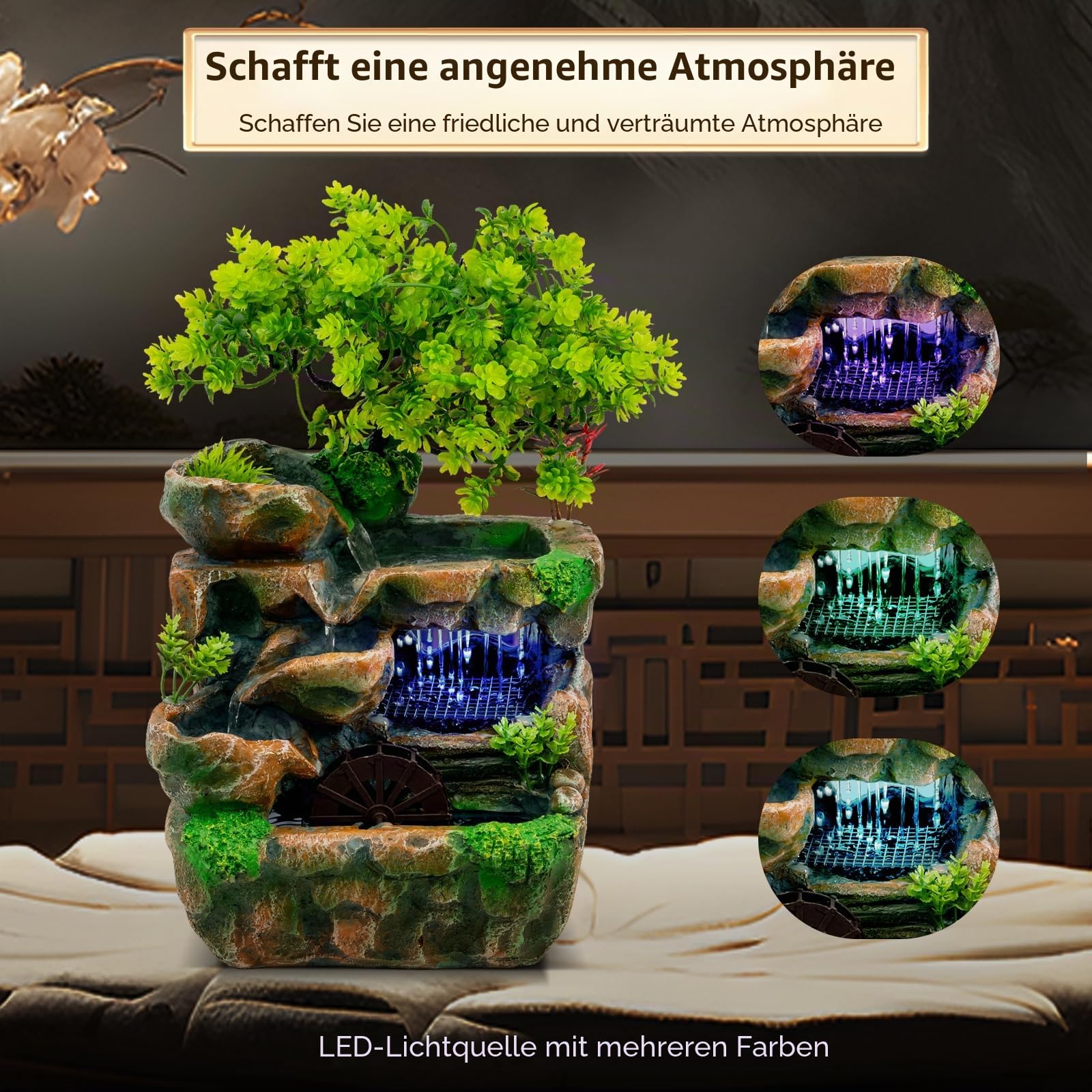 Zimmerbrunnen 18x15x30 cm, Dekorativer Tischbrunnen mit LED und Beruhigendem Wasserspiel, Tisch Zimmer Wasser für Wohnzimmer, Schlafzimmer, Büro