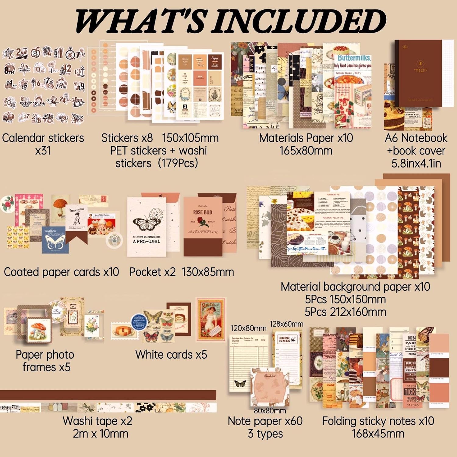 LCLAIDYDY 348 PCS Vintage Scrapbook Kit with A6 Grid Notebook, Bullet Junk Journals, DIY Gift Aesthetic Journaling Supplies for Teen Girl Women thumbnail