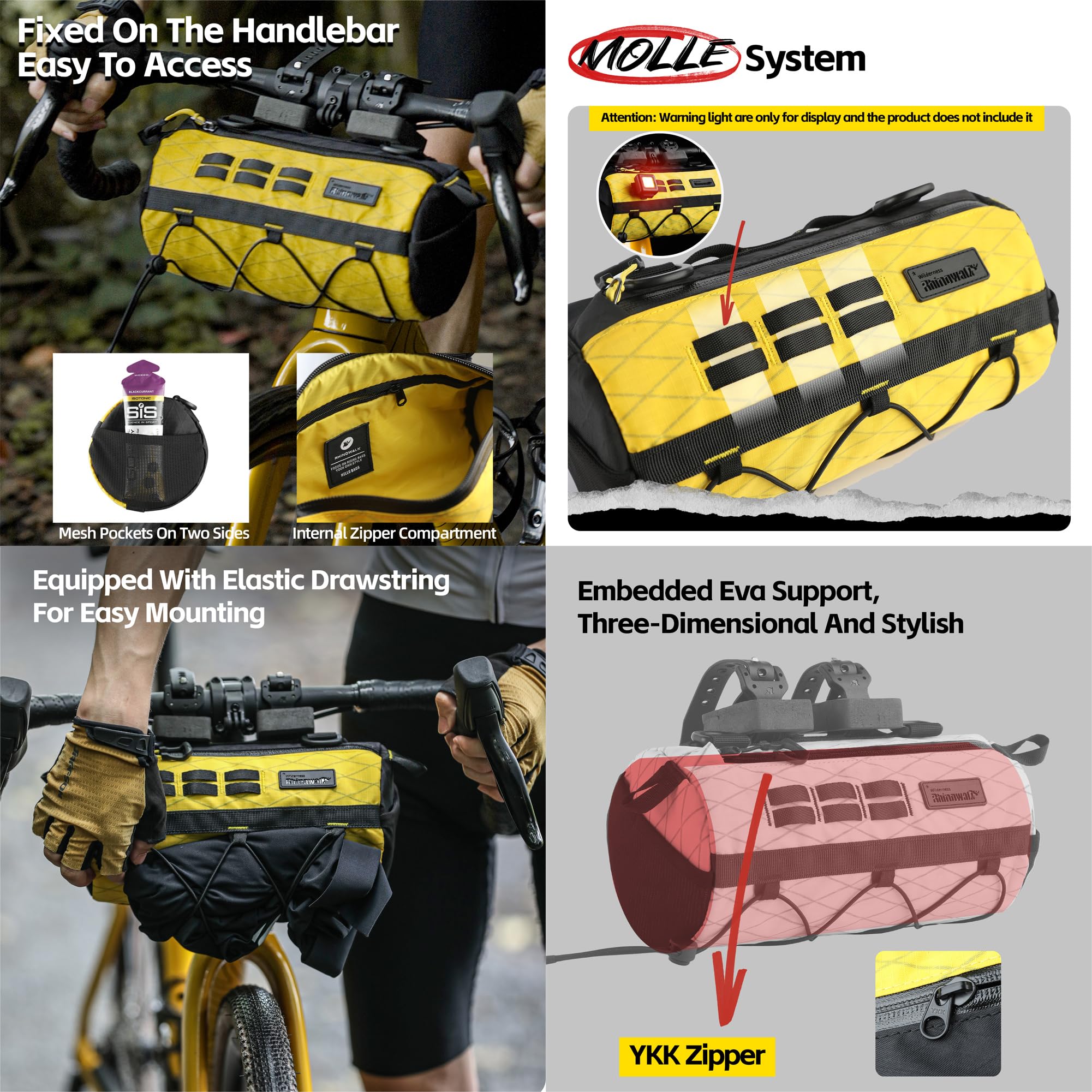 Rhinowalk Sacoche de guidon de vélo 2,8 l – Sacoche de guidon étanche avec structure solide en EVA et bandoulière – pour VTT, vélo de route et vélo de tourisme (jaune)
