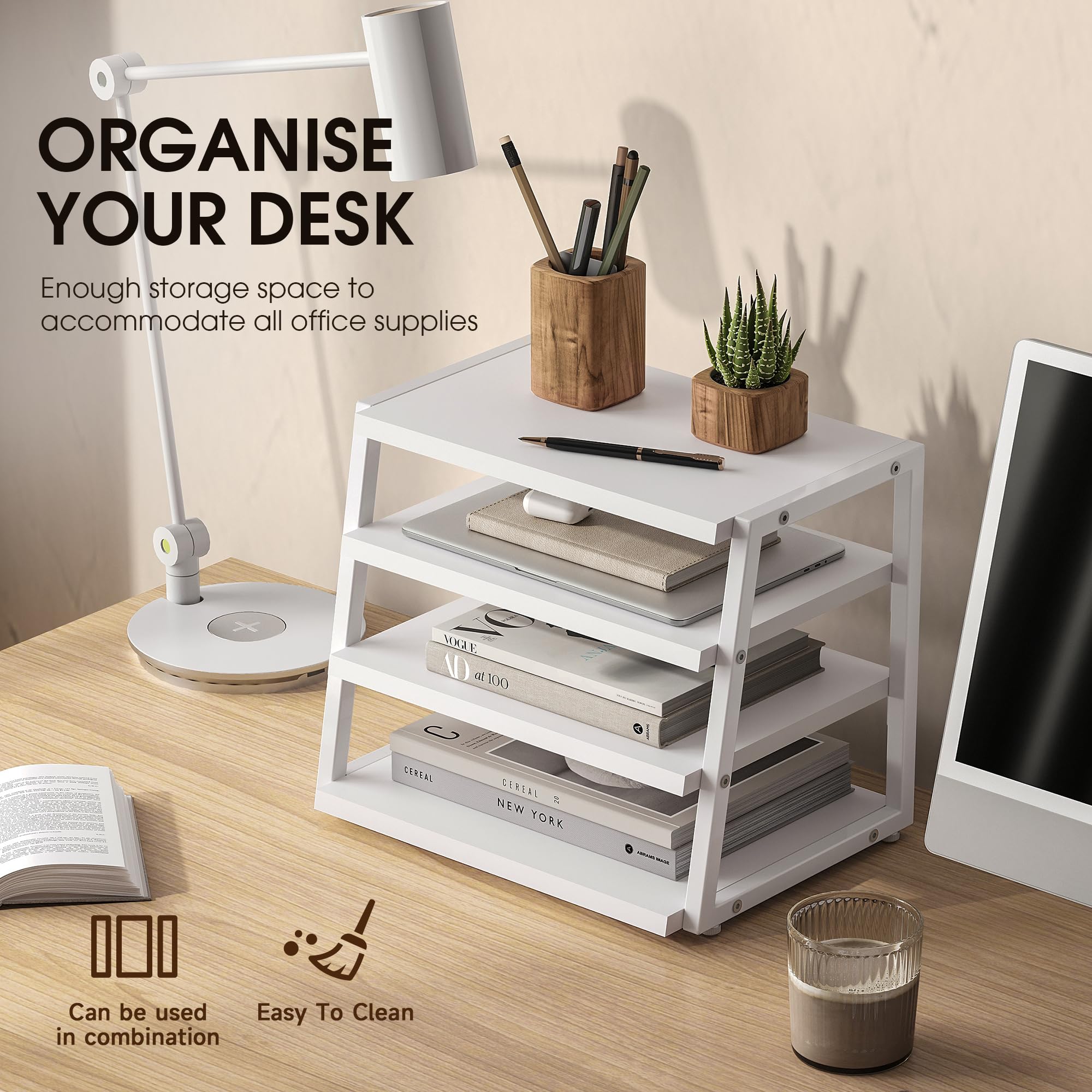 Fenge Organizer da Scrivania in Legno a 4 Livelli, Portadocumenti con Ripiani e Staffe in Metallo, Ideale per Documenti A4, Perfetto per Casa, Ufficio e Scuola, Bianco