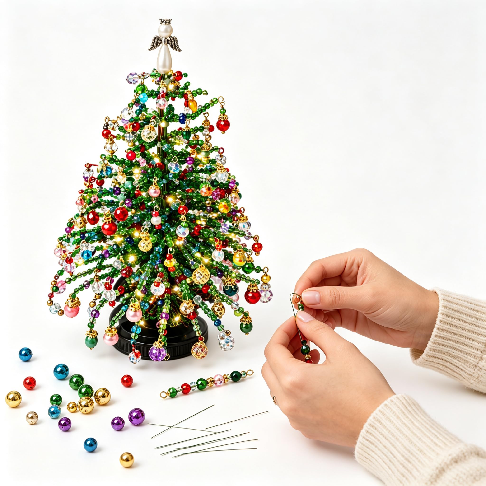 DIY Beaded Christmas Tree Kit with LED Lights, Festive Craft Decoration — image 1