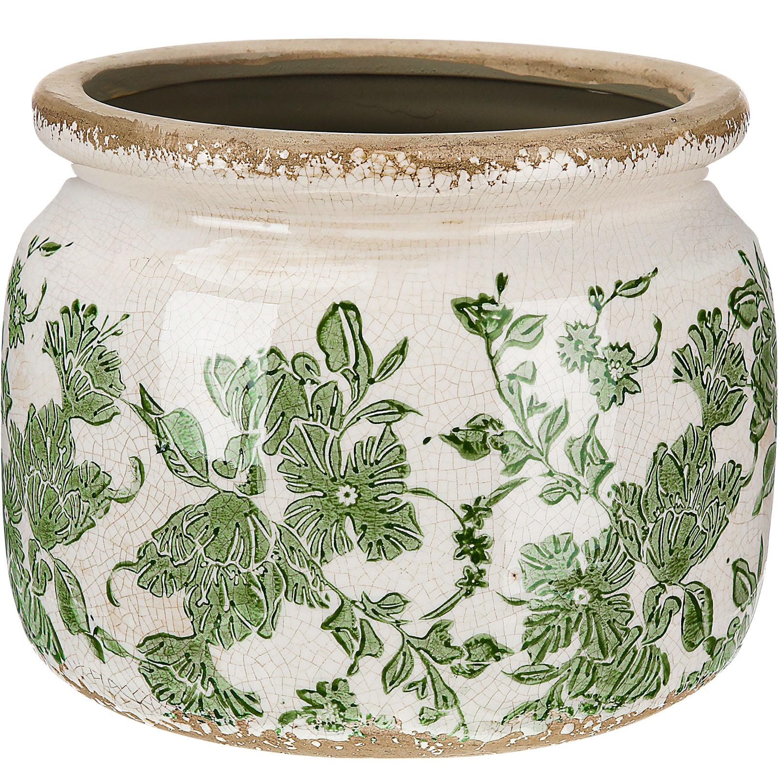 7.7 inch Large Ceramic Plant Pot Beige Green Vintage Floral