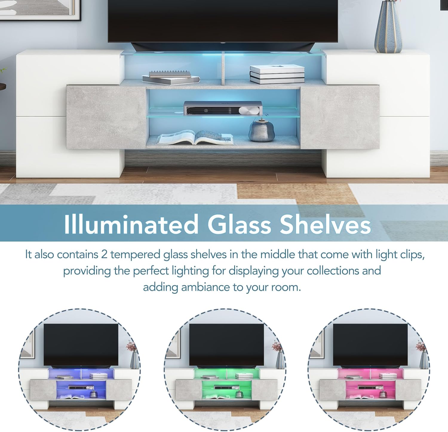 Modern White 85" TV Stand with LED Lights